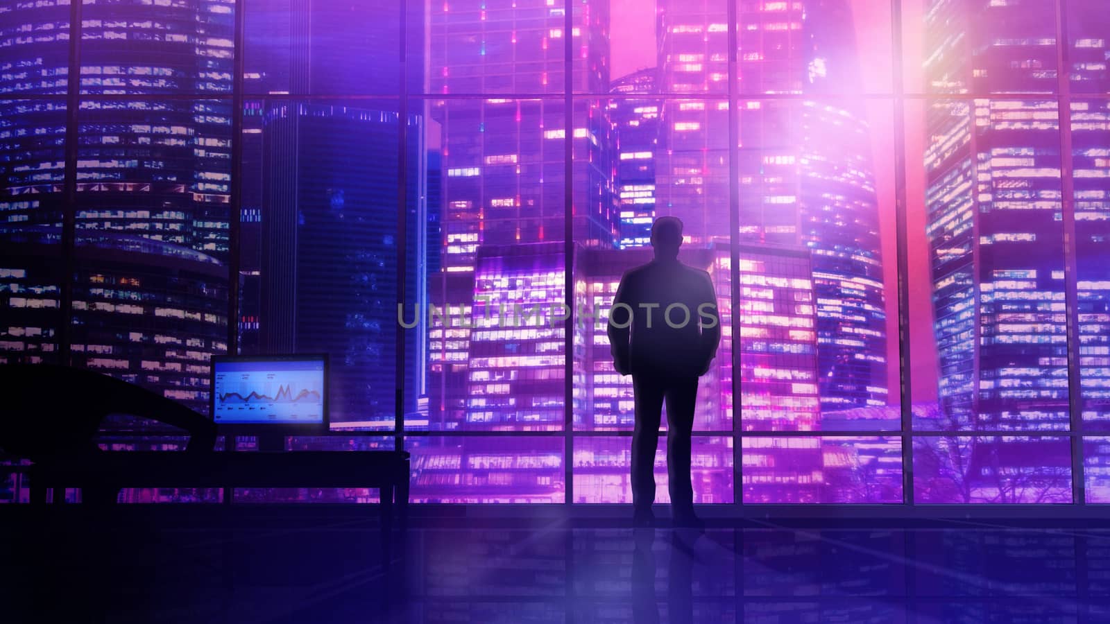Colorful and stylish illustration depicting the silhouette of a businessman standing in front of a window against the background of the evening lights of skyscrapers.