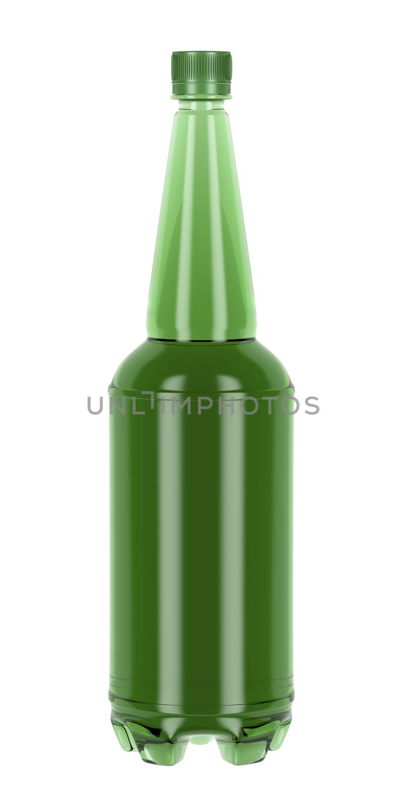 Green plastic bottle for beer, soda or other beverages isolated on white background