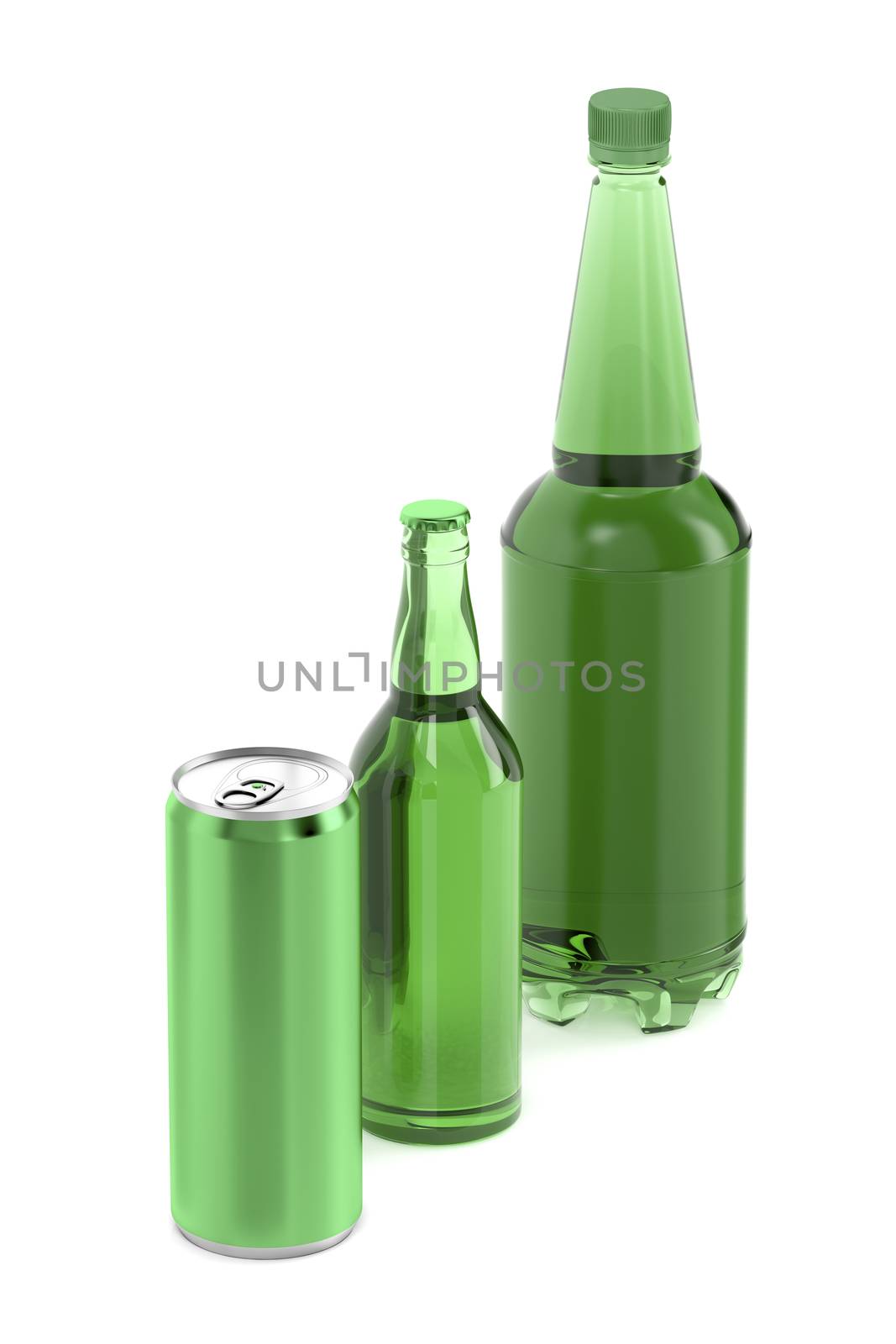 Plastic and glass beer bottles and can by magraphics