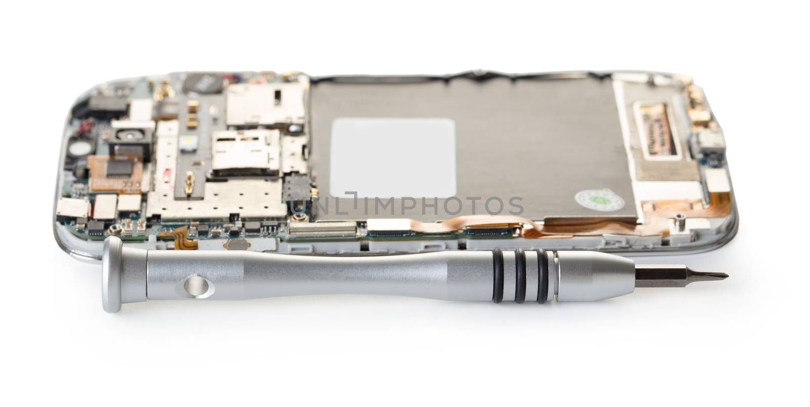disassembled mobile phone on white isolated background