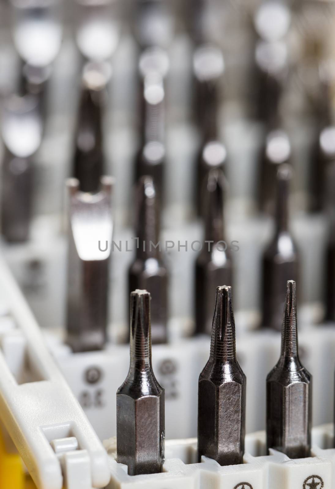 tool background, set of screwdrivers in the package close-up