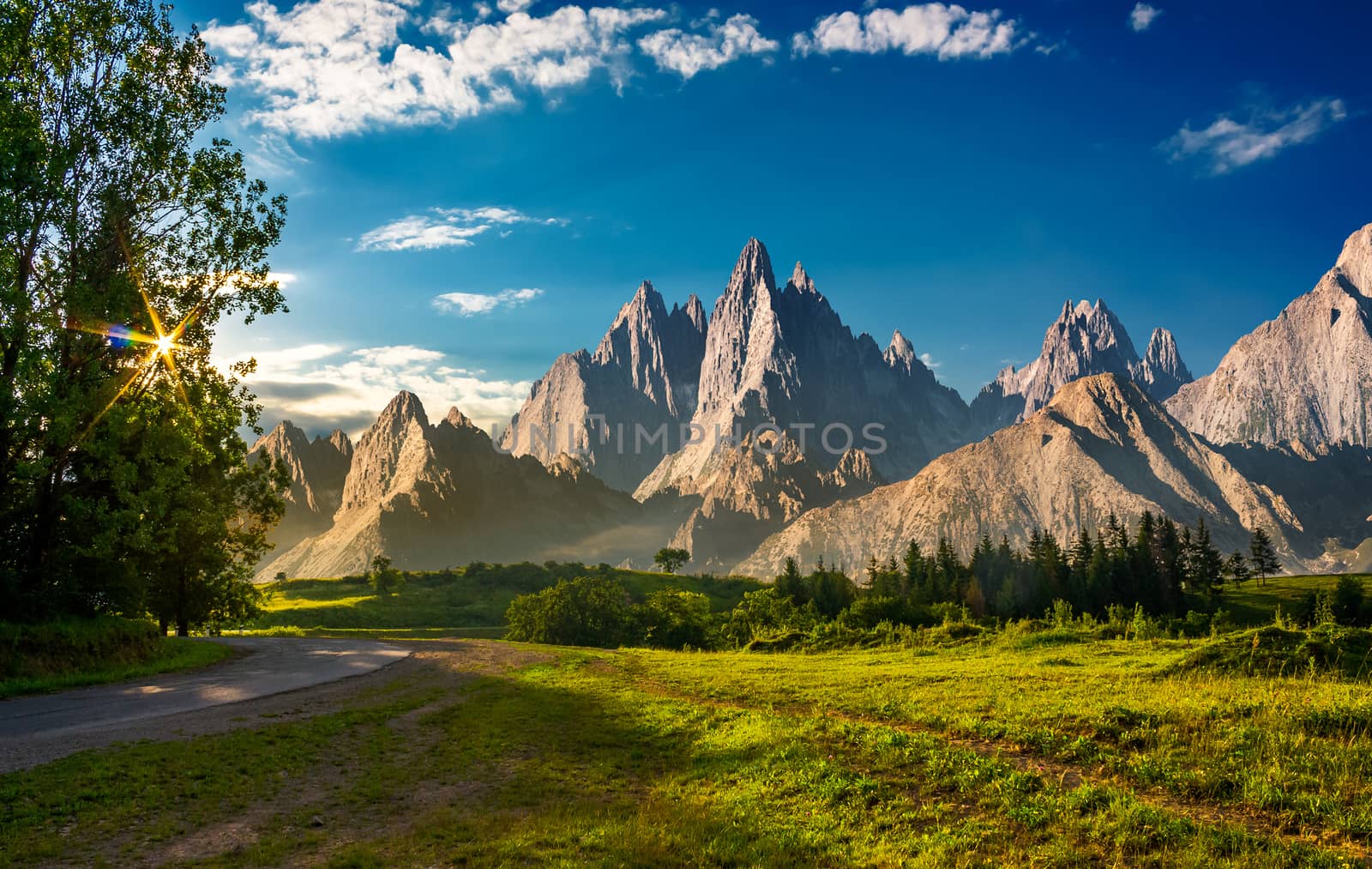 composite landscape with rocky peaks at sunset by Pellinni