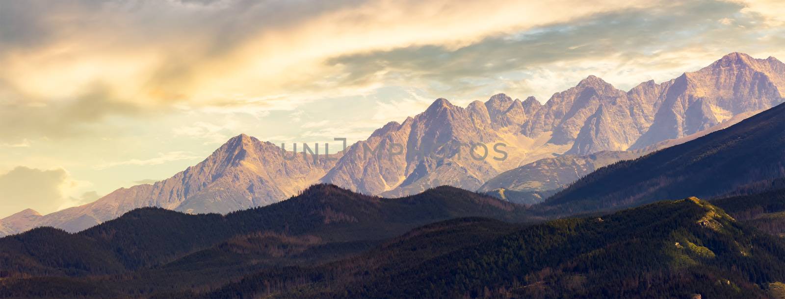 part of High Tarta mountain ridge at sunset. view from Poland side