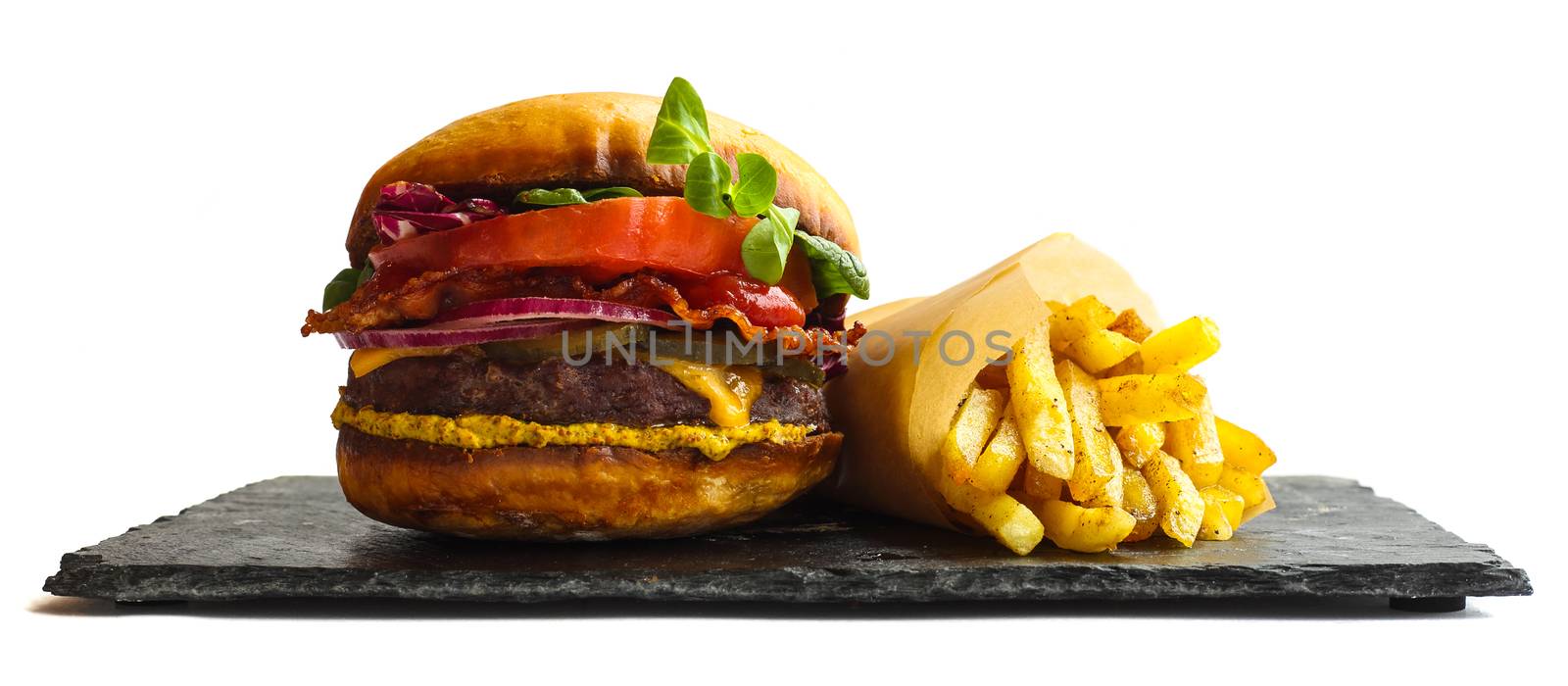 Big fresh burger and french fries isolated on white background