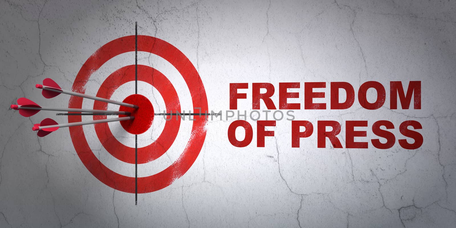 Success politics concept: arrows hitting the center of target, Red Freedom Of Press on wall background, 3D rendering