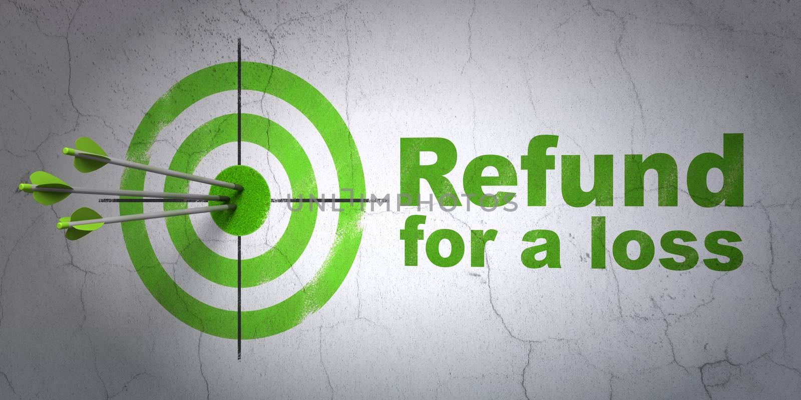 Success Insurance concept: arrows hitting the center of target, Green Refund For A Loss on wall background, 3D rendering