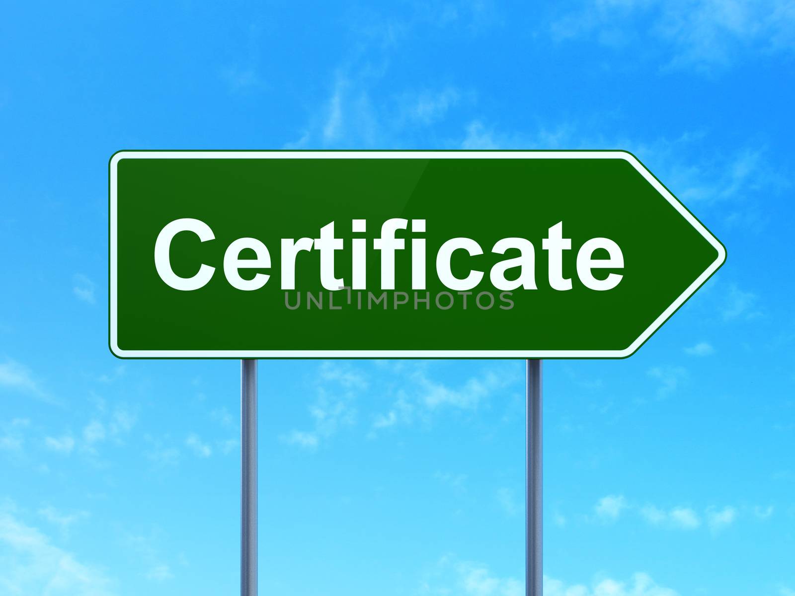 Law concept: Certificate on green road highway sign, clear blue sky background, 3D rendering