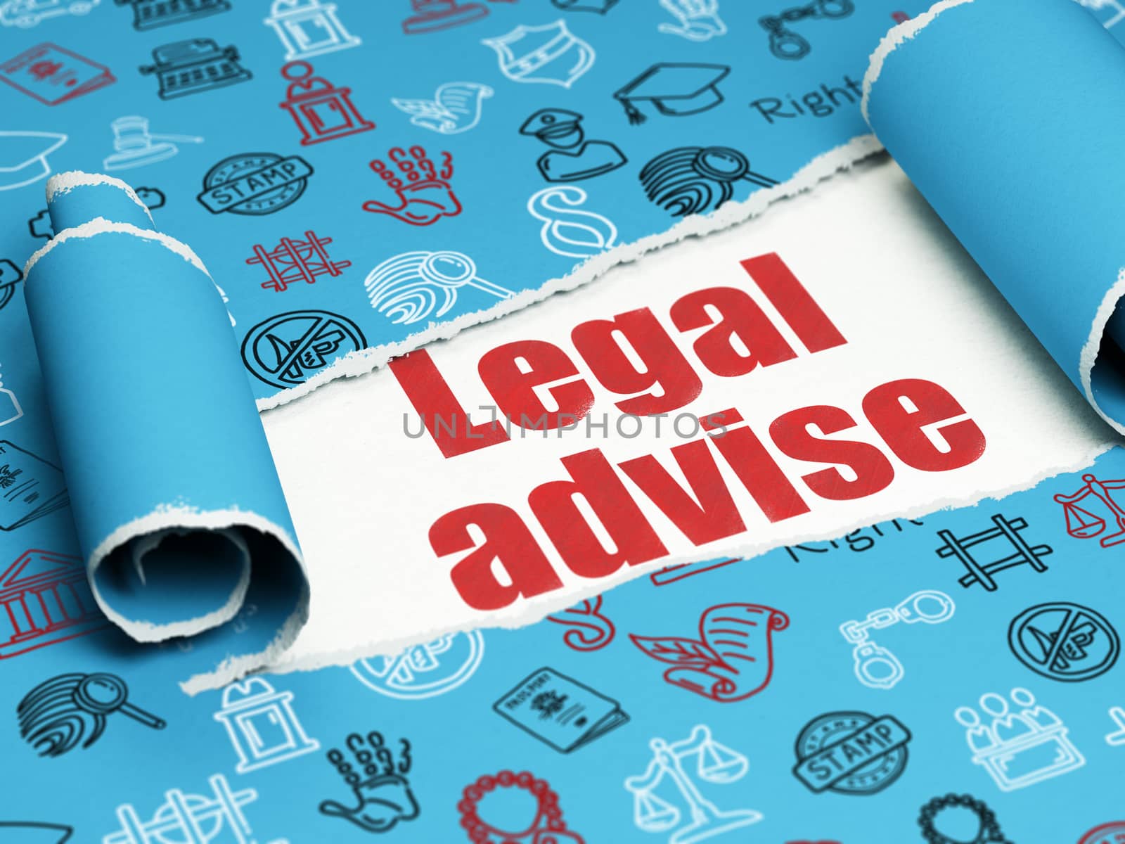 Law concept: red text Legal Advise under the curled piece of Blue torn paper with  Hand Drawn Law Icons, 3D rendering