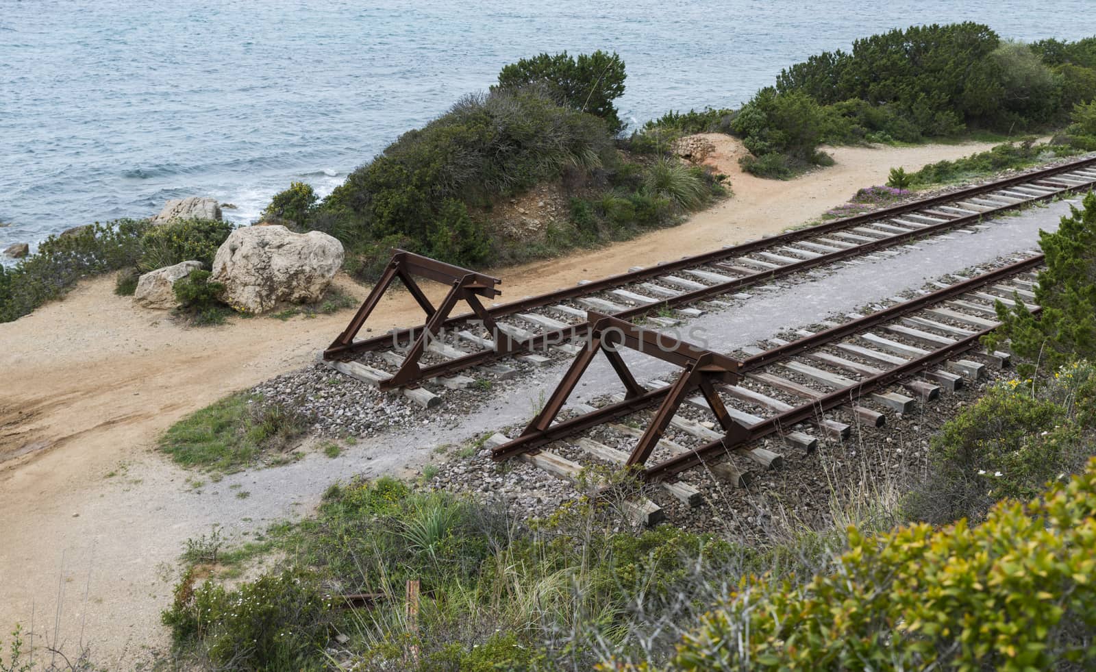 buffer at the end of railraod track in sardinia near golfo aranchi in italy