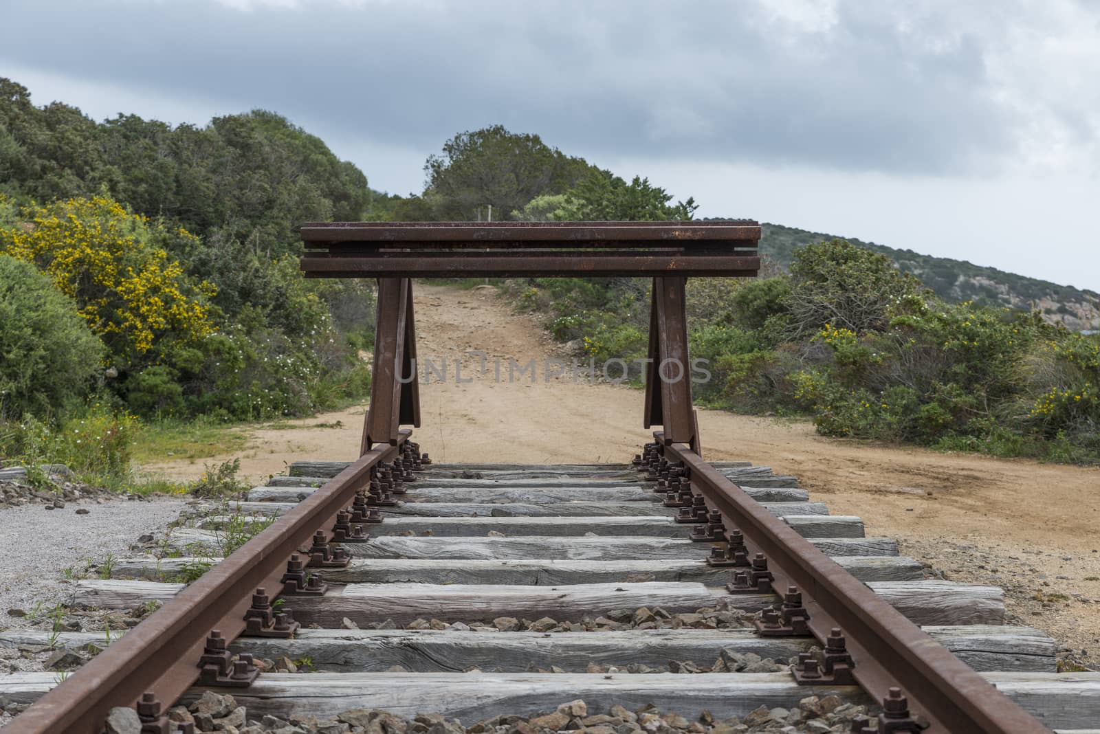 buffer at the end of railraod track in sardinia near golfo aranchi in italy