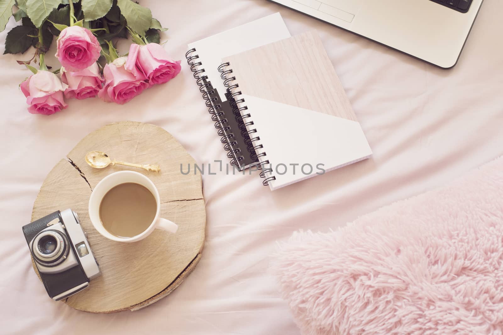 Coffee, old vintage camera in bed on pink sheets. Roses, notebooks and laptop around. Freelance fashion home femininity workspace in flat lay style