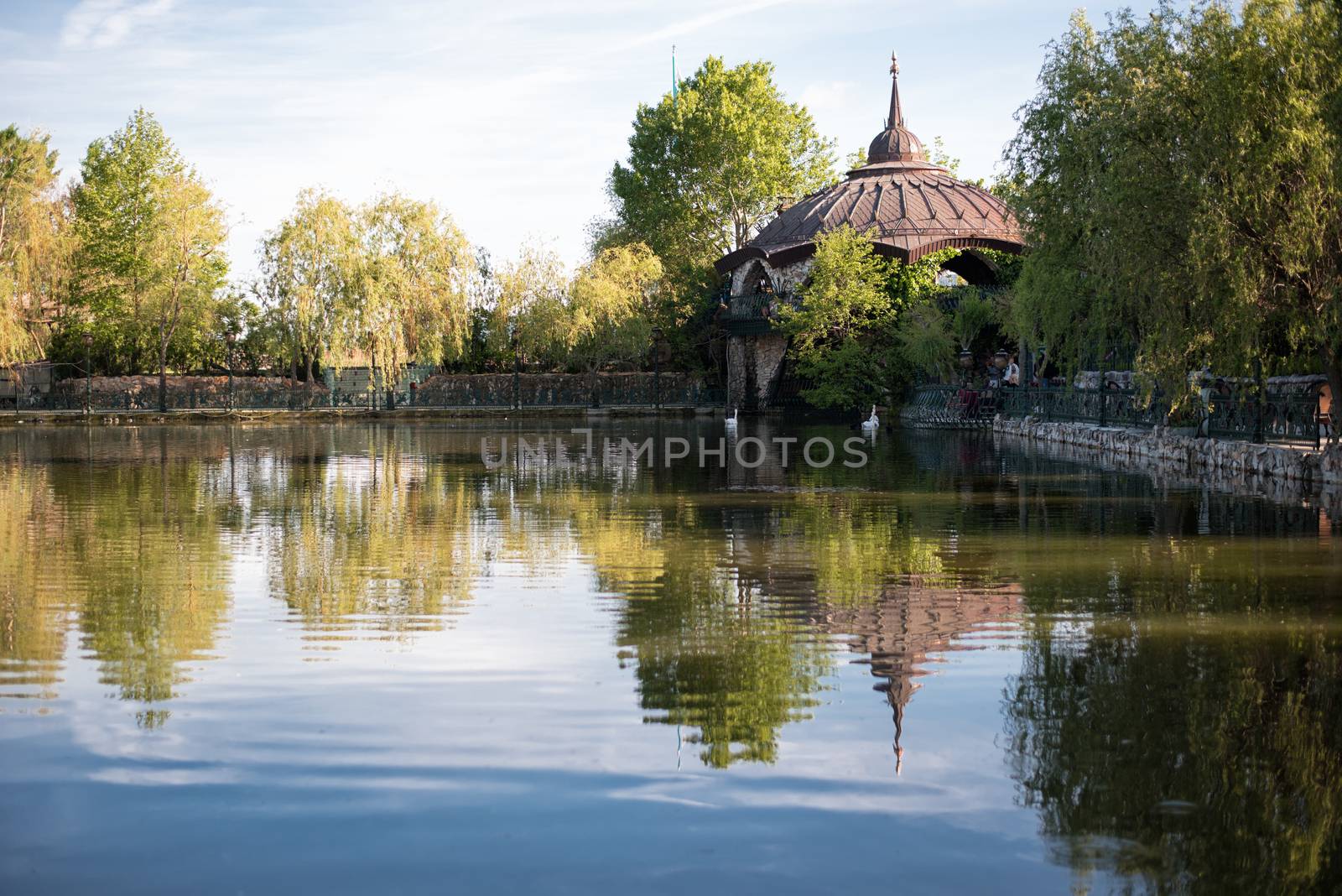 Beautiful lake with white swans, wrought iron fence and a green garden flowers and trees around. Outside, a park with birds and animals. Water, enchanting lake. Fairy lake and footbridges surrounded with trees.