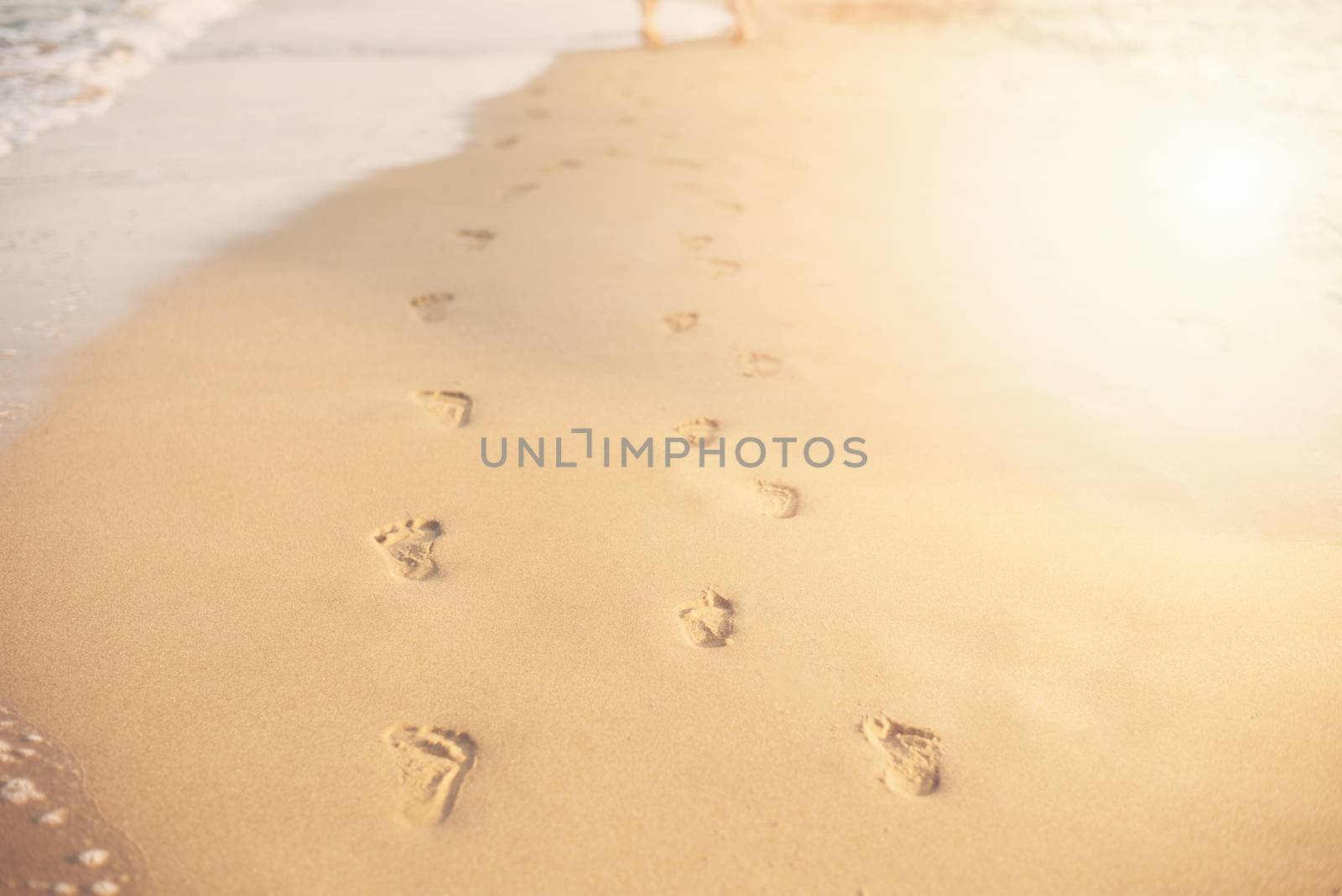 Children Footprints in the sand. Human footprints leading away from the viewer. A row of footprints in the sand on a beach in the summertime. Summer Vacation