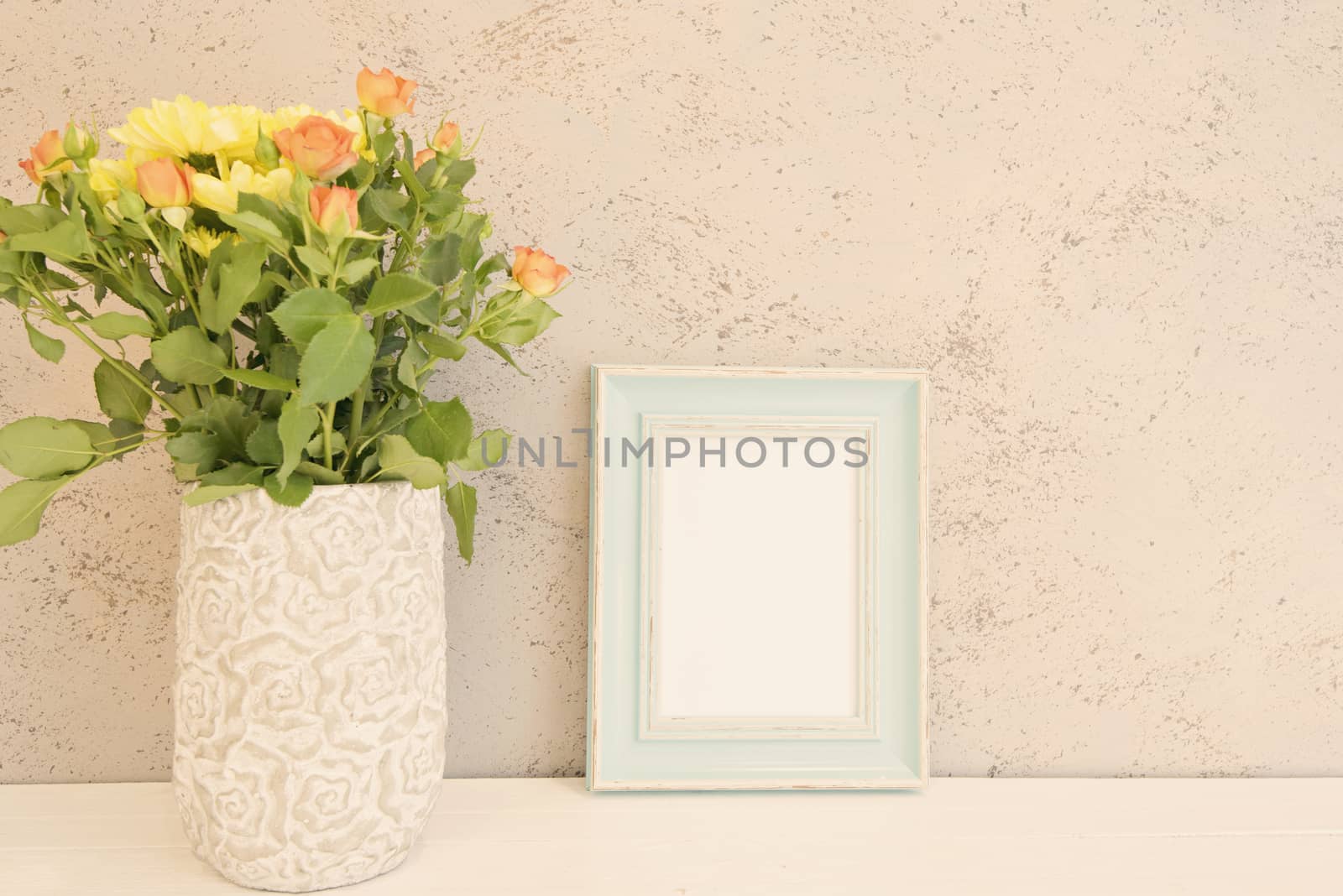 Blue Frame Mock Up, Digital MockUp, Display Mockup, Sea Styled Stock Photography Mockup, Colorful Desktop Mock Up. Rustic vase with orange roses and yellow chrysanthemums. White background, empty place, copy space. Vintage tinted