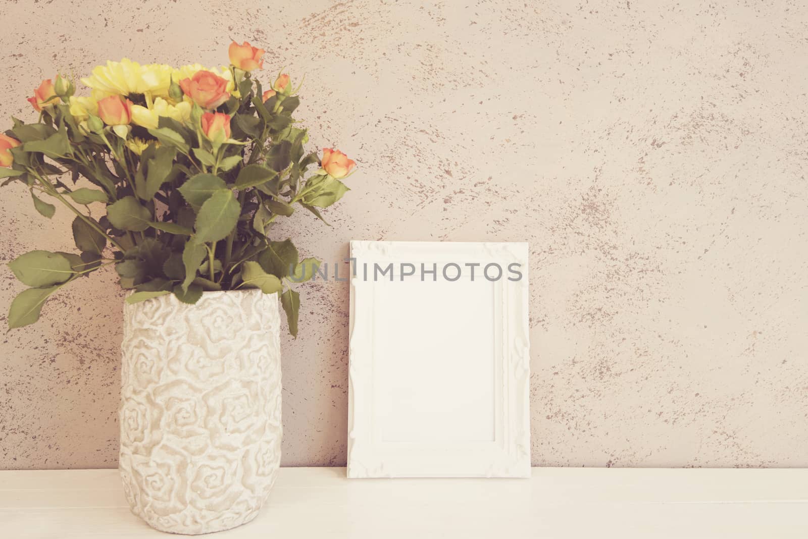 White Frame Mock Up, Digital MockUp, Display Mockup, Styled Stock Photography Mockup, Colorful Desktop Mock Up. Rustic vase with orange roses and yellow chrysanthemums. White background, empty place, copy space. Vintage tinted