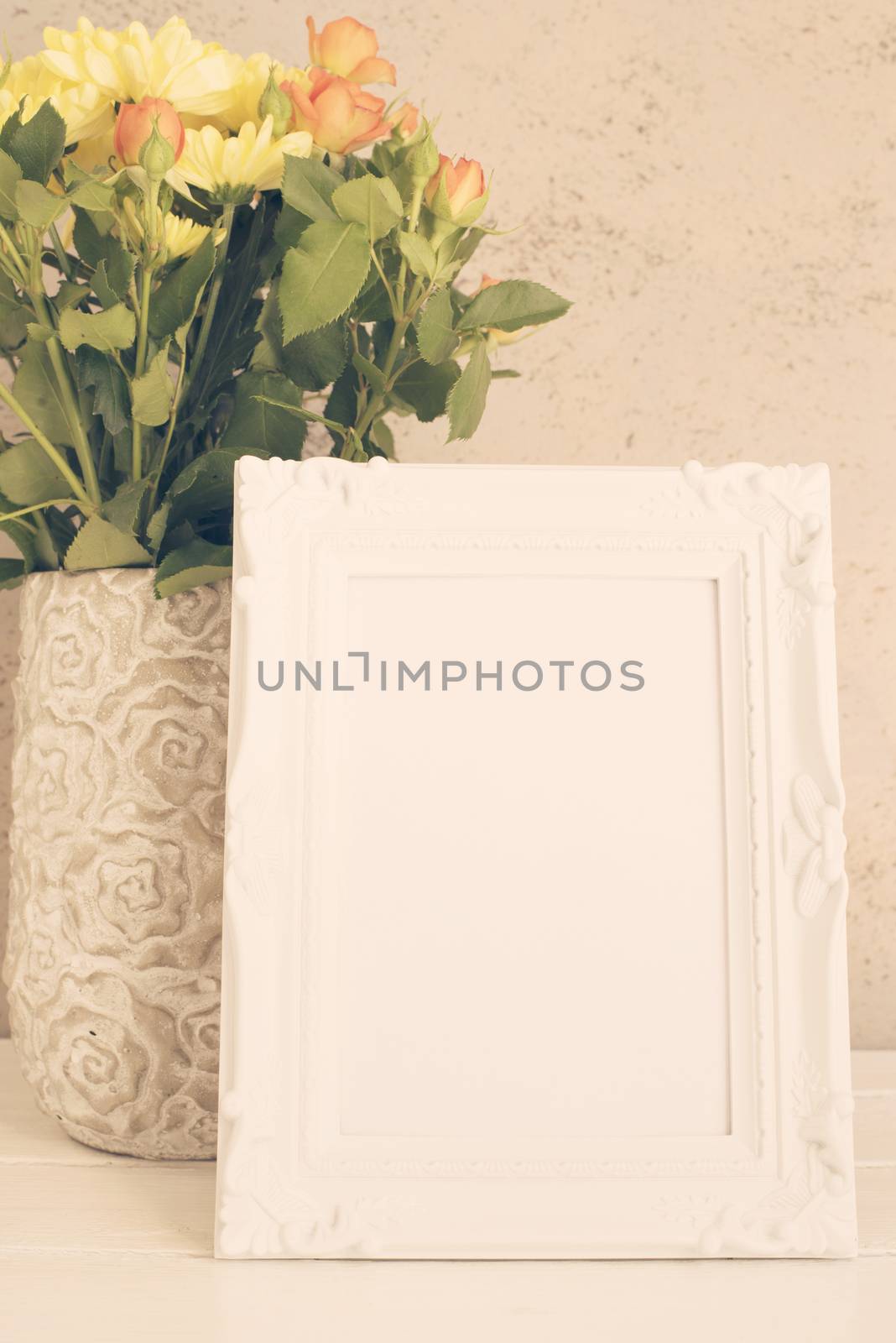 White Frame Mock Up, Digital MockUp, Display Mockup, Styled Stock Photography Mockup, Colorful Desktop Mock Up. Rustic vase with orange roses and yellow chrysanthemums. White background, empty place, copy space. Vintage tinted