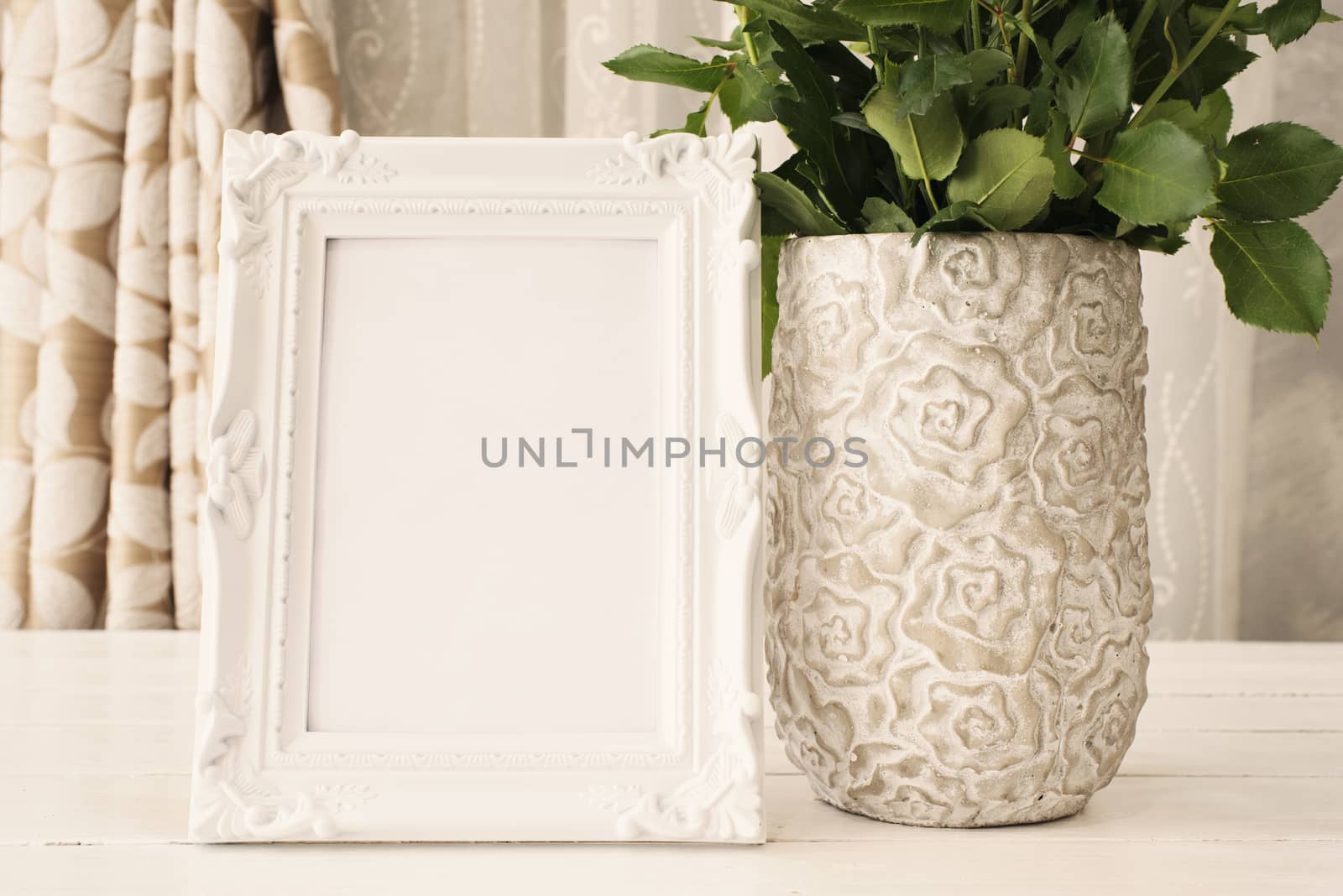 White Frame Mock Ups, Digital MockUp, Display Mockup, Sea Styled Stock Photography Mockup, Colorful Desktop Mock Up. Rustic vase with orange roses and yellow chrysanthemums. White background, empty place, copy space. Vintage tinted