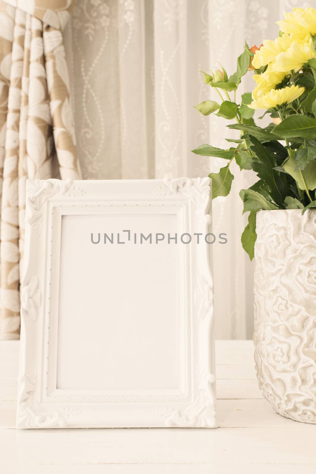 White Frame Mock Ups, Digital MockUp, Display Mockup, Sea Styled Stock Photography Mockup, Colorful Desktop Mock Up. Rustic vase with orange roses and yellow chrysanthemums. White background, empty place, copy space. Vintage tinted