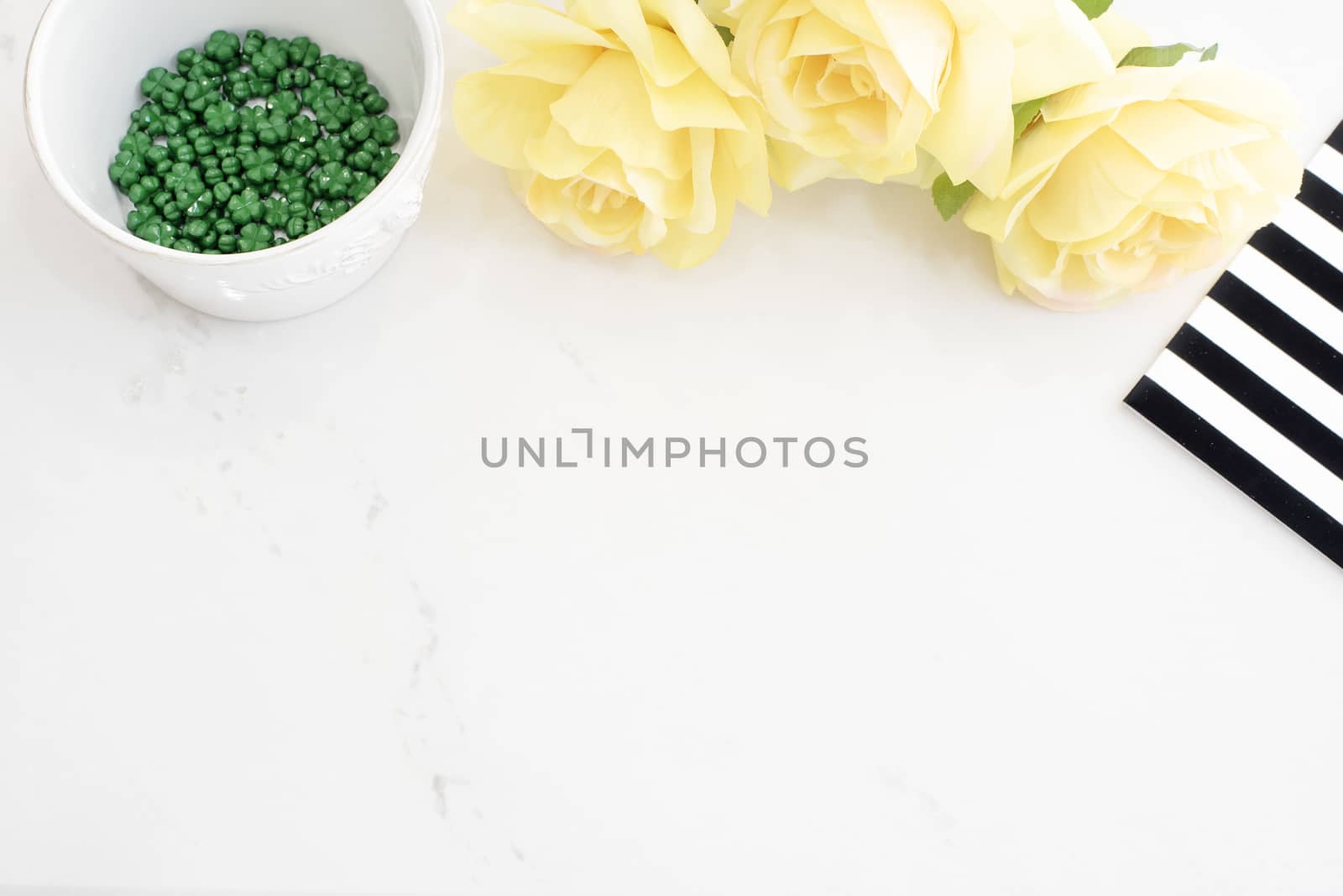 Light Marble Stylish Desktop With Yellow Roses, Black White Stripe design. Header website or Hero website, Top view . Empty place, copy space. Feminine background.  White Background Mock Up, Woman Floral Desk, Black pattern