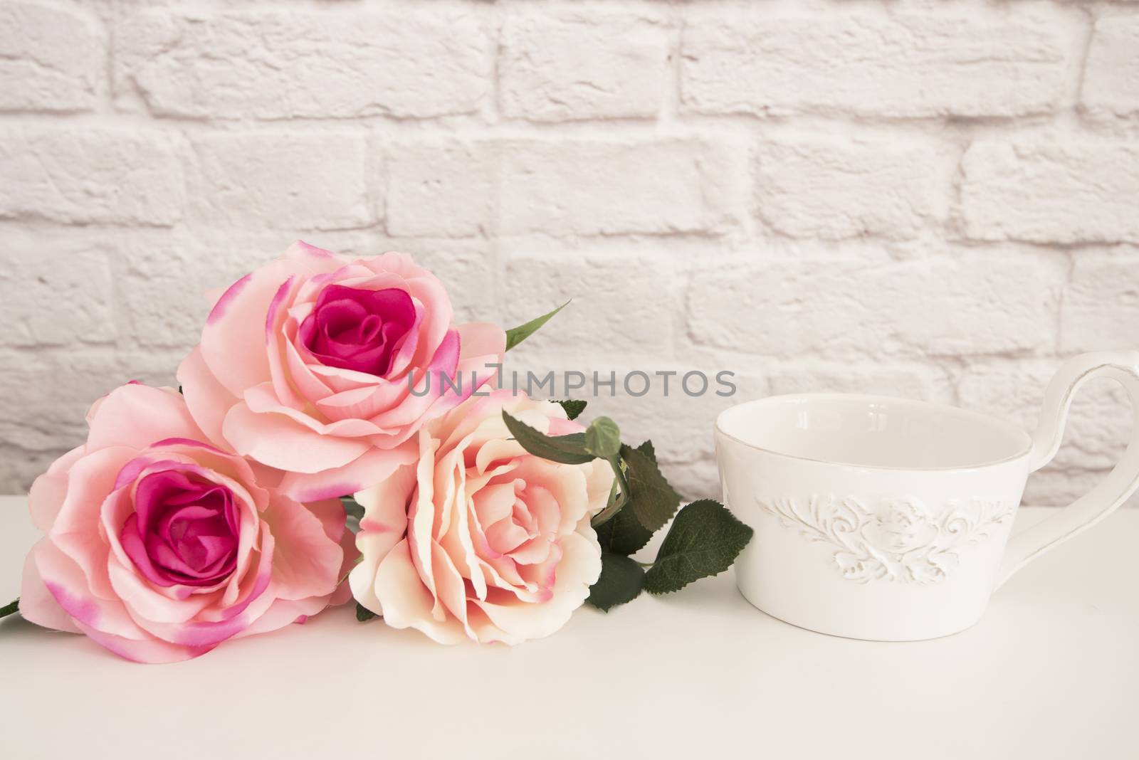 Bouquet of roses on a white desk, A large cup of coffee in front angel, Romantic floral frame background, Floral Styled Wall Mock Up, Rose Flower Mockup, Valentine Mothers Day Card, Giftcard