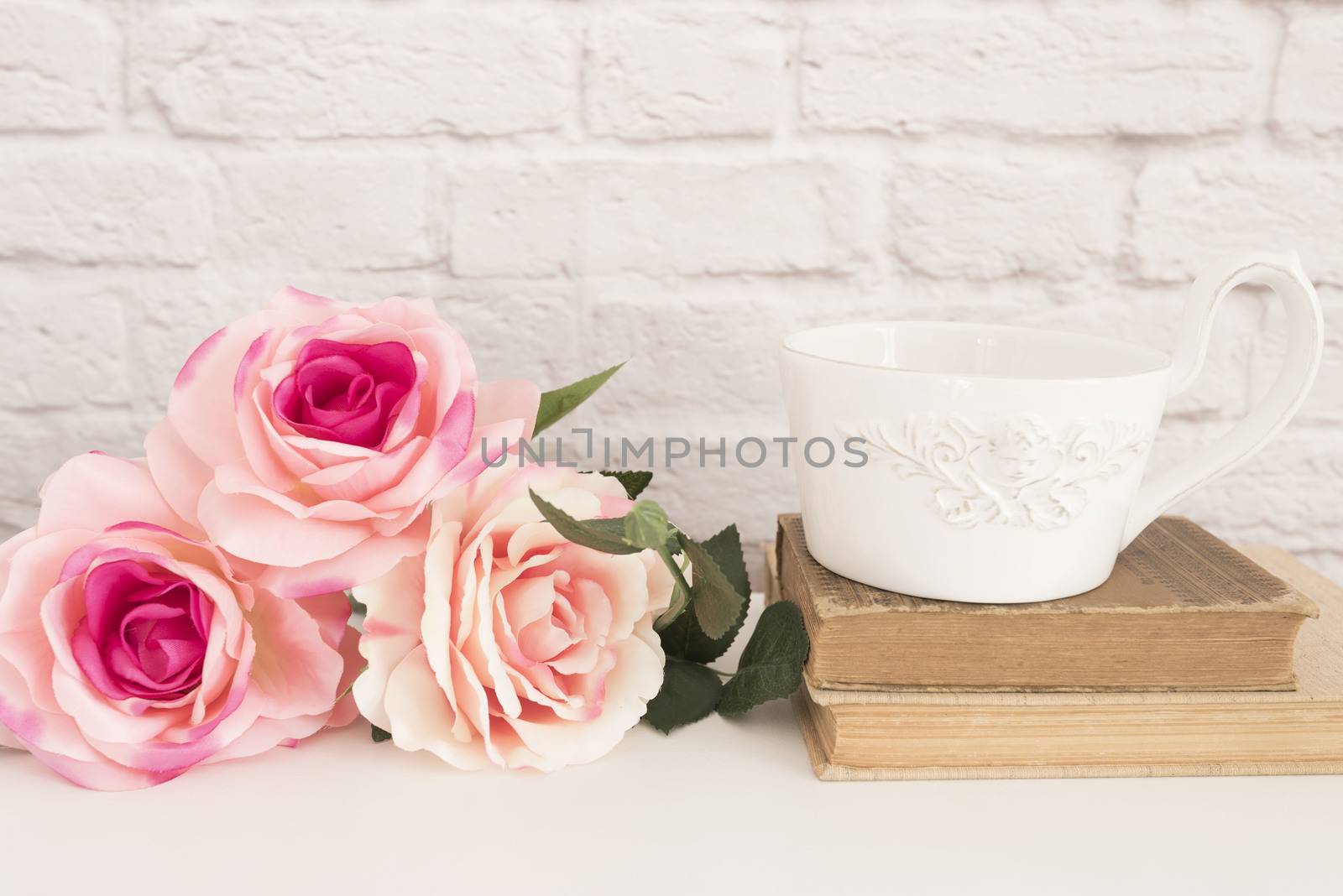 Bouquet of roses on a white desk, A large cup of coffee over old books, Romantic floral frame background, Floral Styled Wall Mock Up, Rose Flower Mockup, Valentine Mothers Day Card, Giftcard