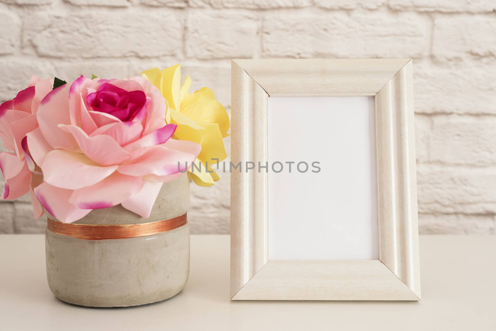 Frame Mockup. White Frame Mock up. Cream Picture Frame, Vase With Pink Roses. Product Frame Mockup. Wall Art Display Template, Brick Wall