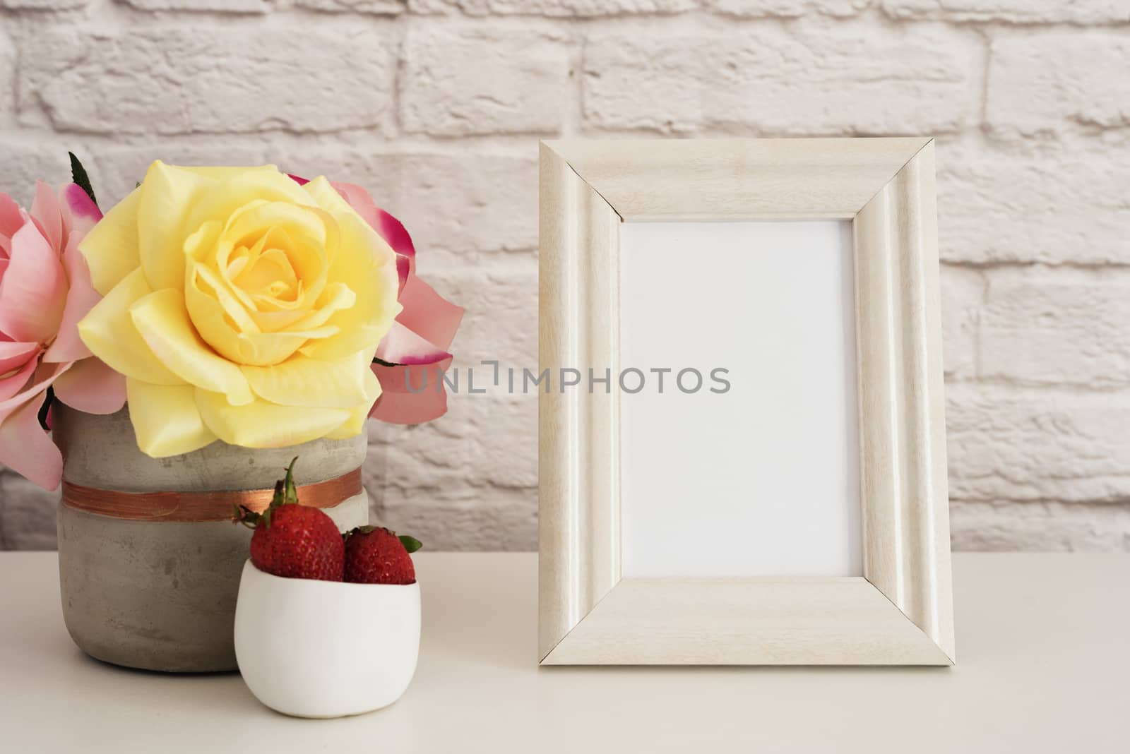 Frame Mockup. White Frame Mock Up. Cream Picture Frame, Vase With Pink Roses, Strawberries In Gold Bowl. Product Frame Mockup. Wall Art Display Template, Brick Wall