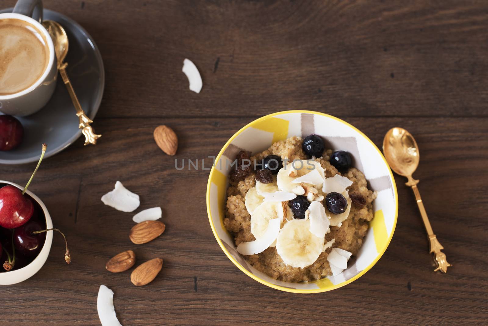 Almond Milk Quinoa With Fresh Fruits, Cherries And Coffee. Healthy Breakfast, Lifestyle Concept. Top View. Dark Wooden Background. Fitness Mood Diet. Summer Light Snack