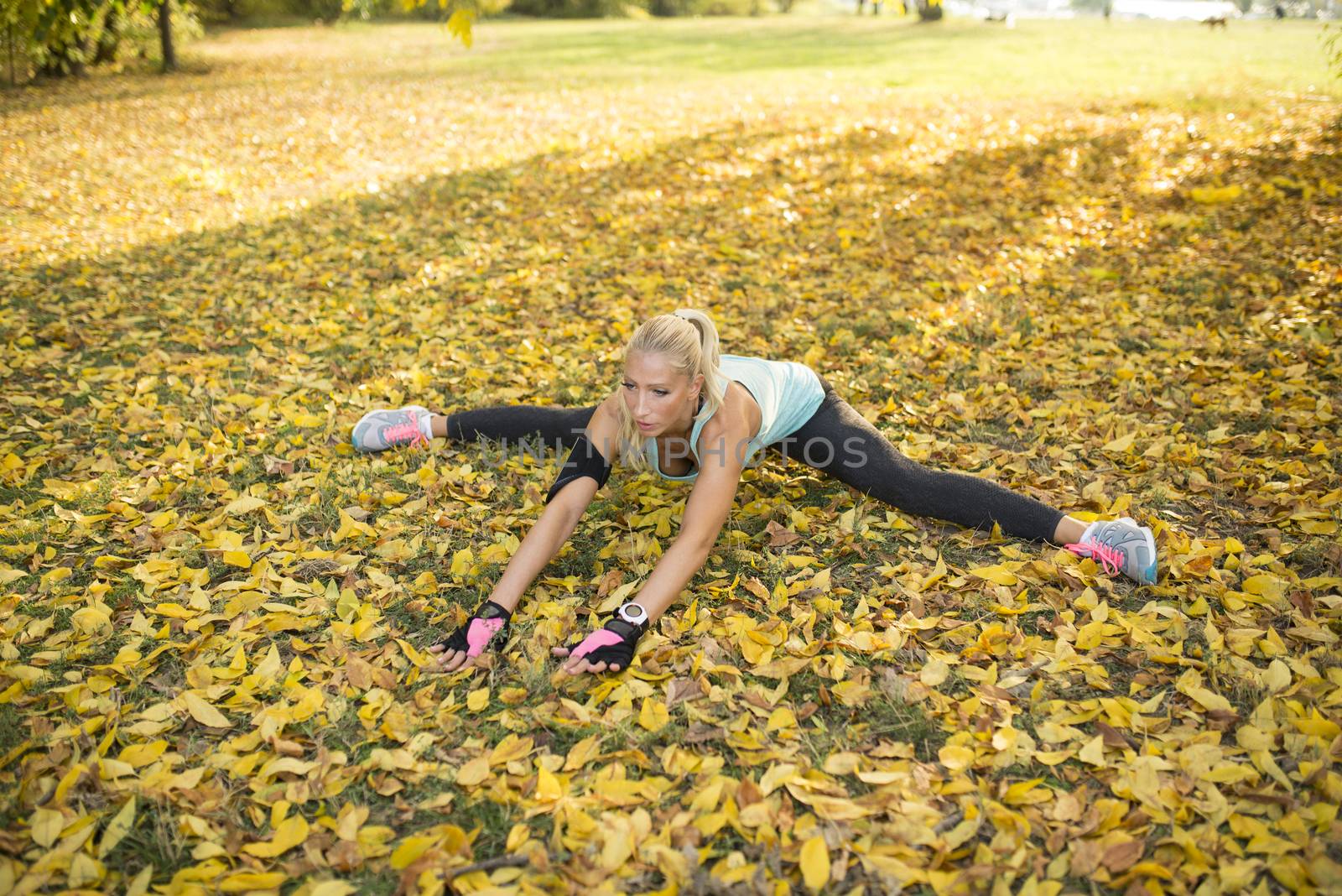 Attractive sporty blonde making split and exercising on the ground in the public park covered with a yellow leaves.