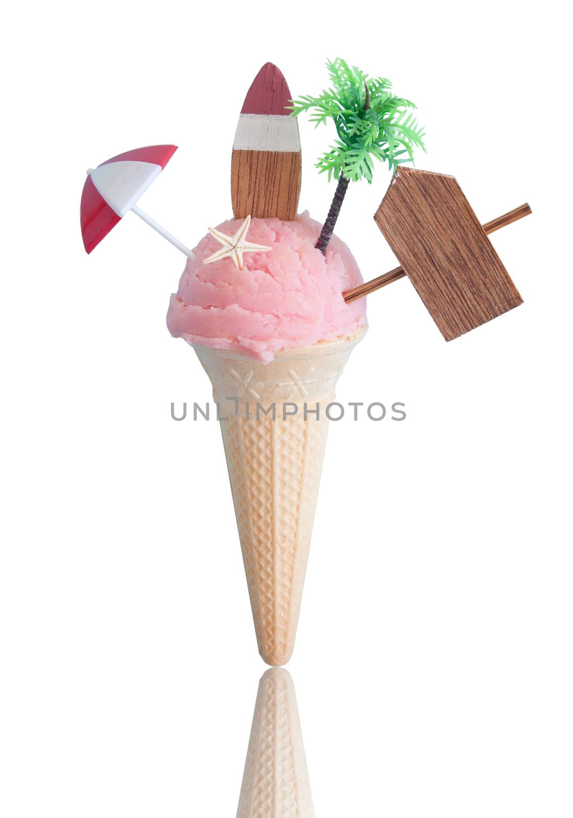 Summer strawberry icecream with beach items over a white background