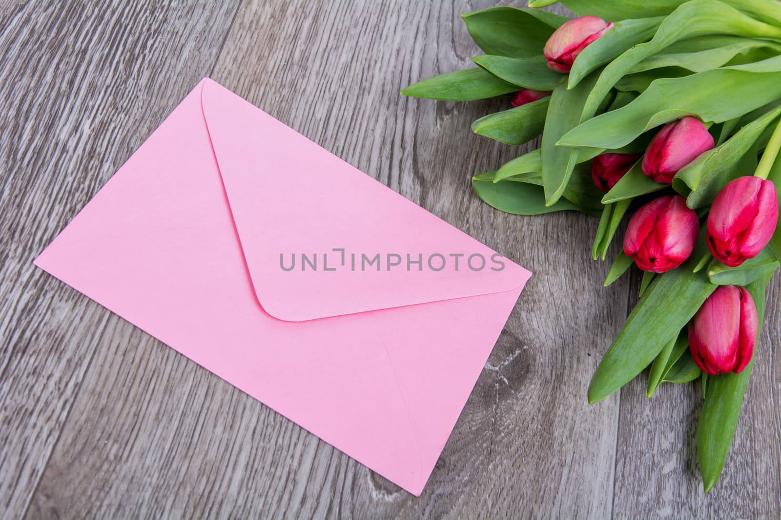 Pink envelope with tulips on a wooden table by neryx