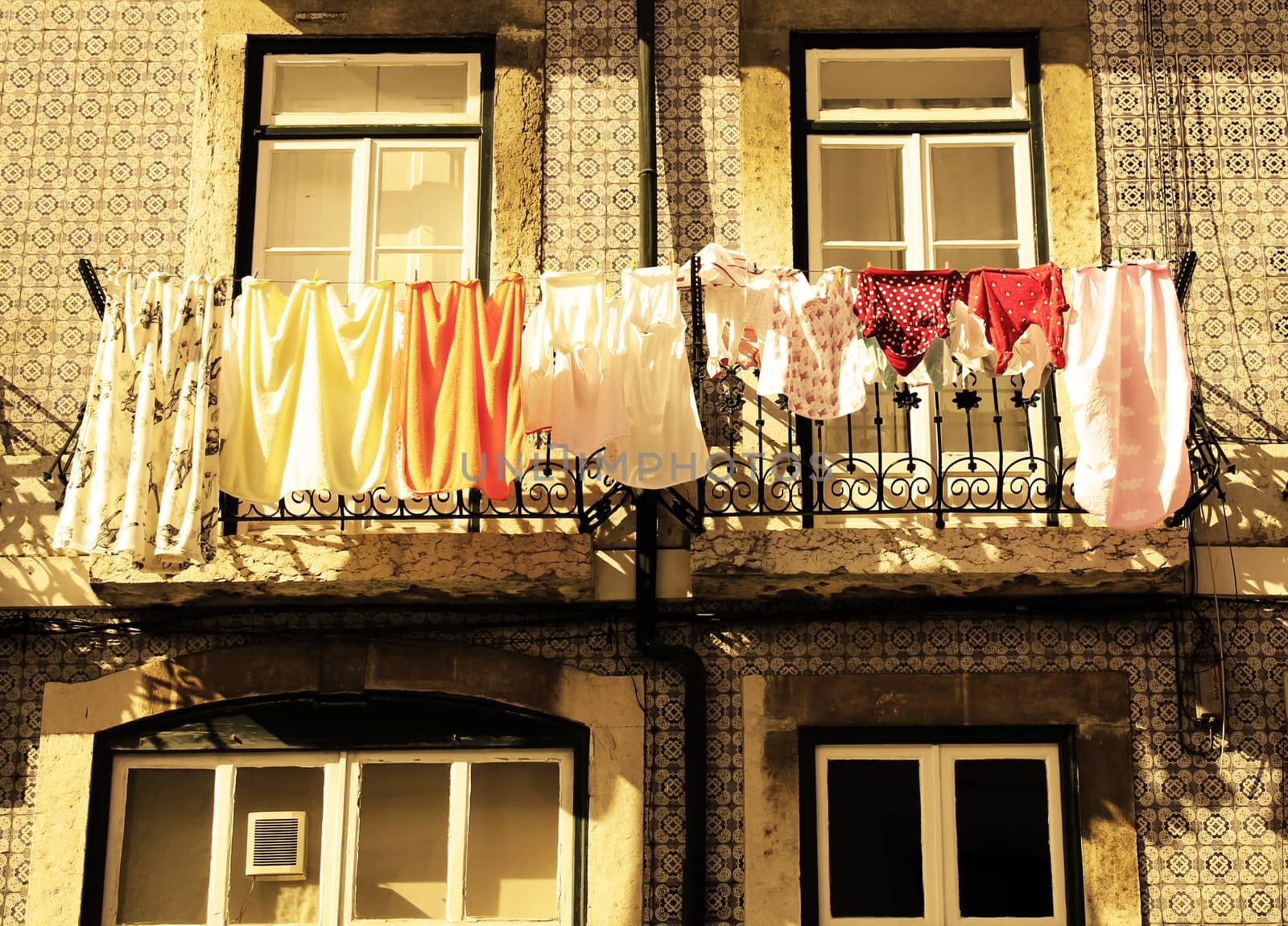 Portuguese house facade with hanging clothes