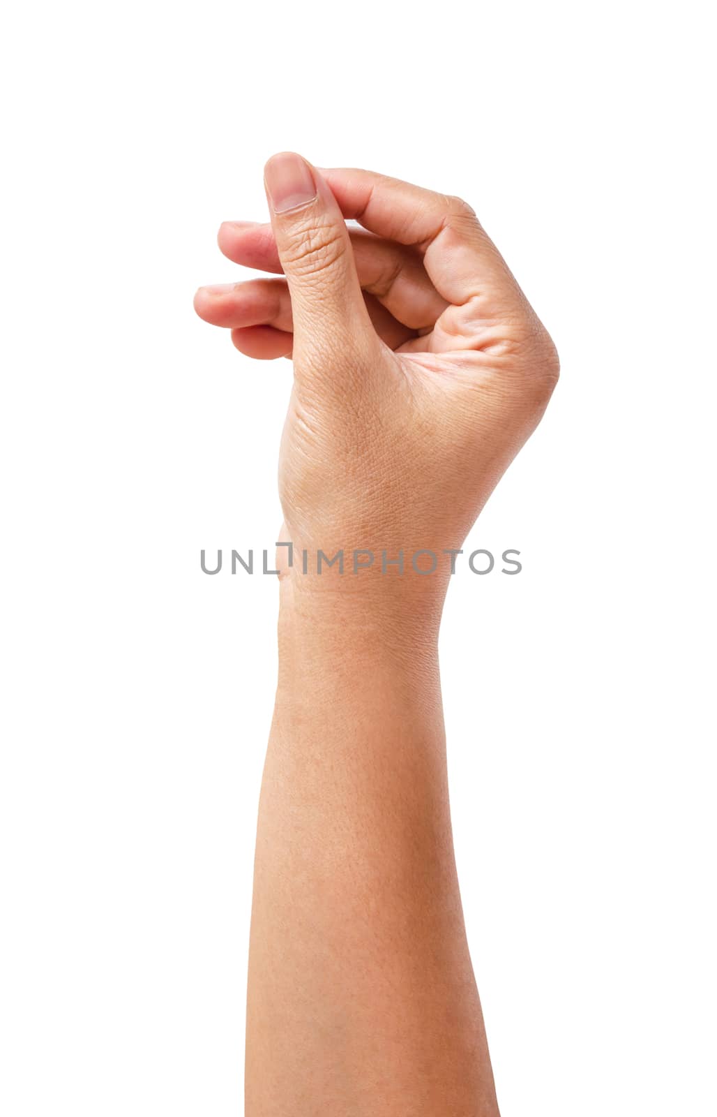 Woman hand isolated on white background , hold or catch by Gamjai