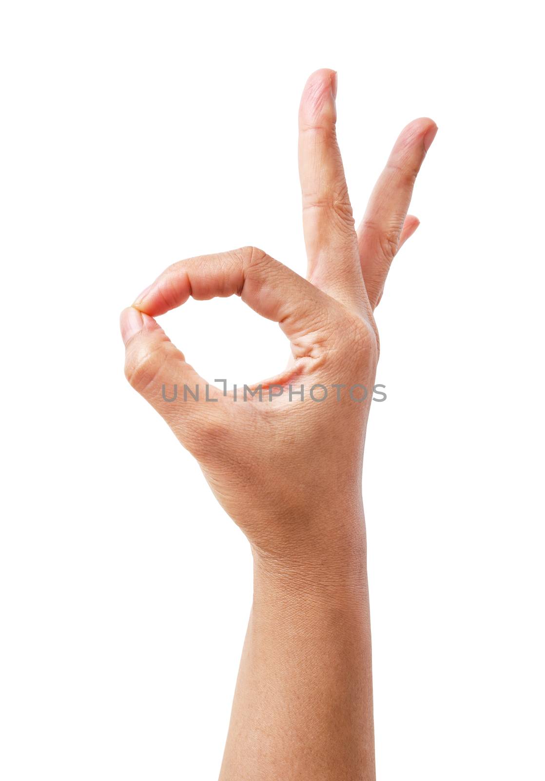 Woman hand in ok sign on a white isolated background. by Gamjai