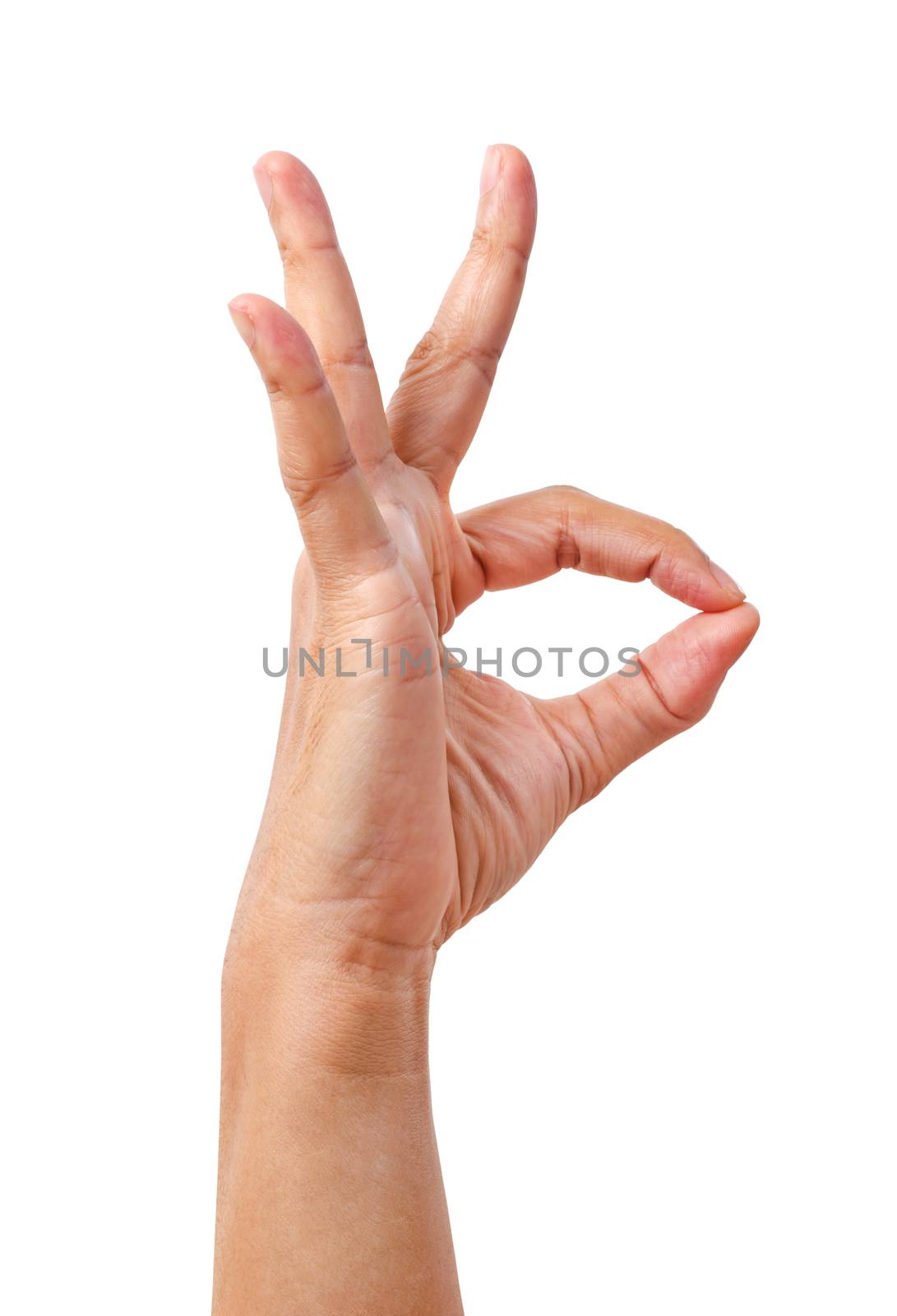 Woman hand in ok sign on a white isolated background. by Gamjai