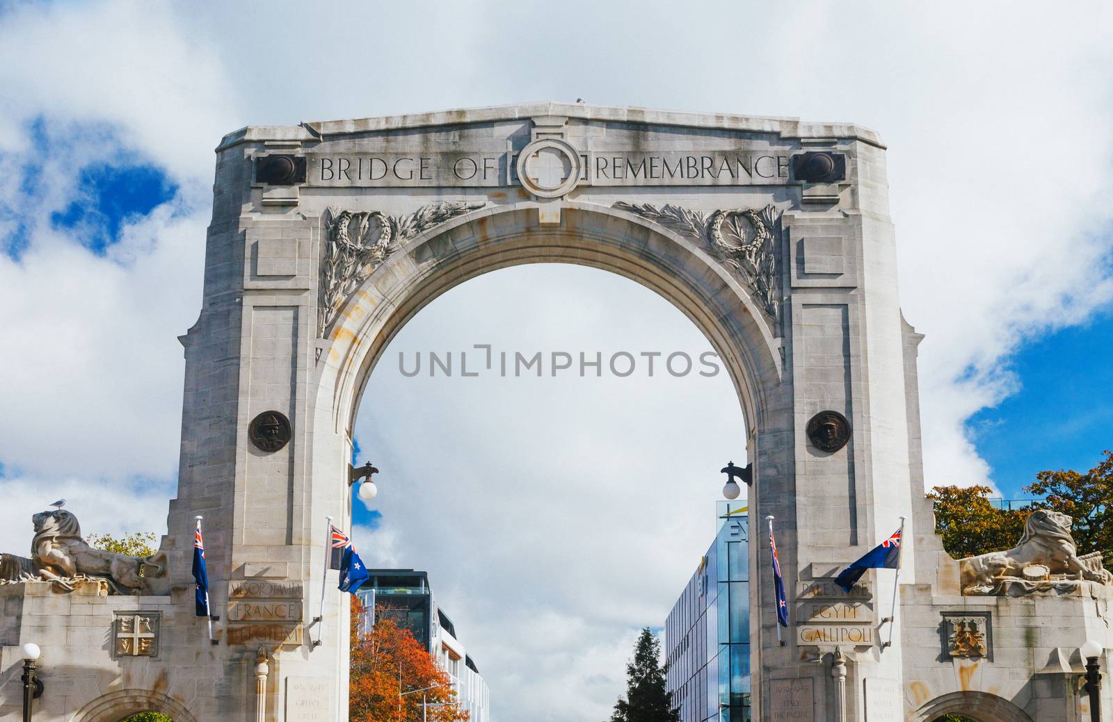 Bridge of Remembrance in the cloudy day. The landmark located in the city centre of Christchurch, New Zealand.