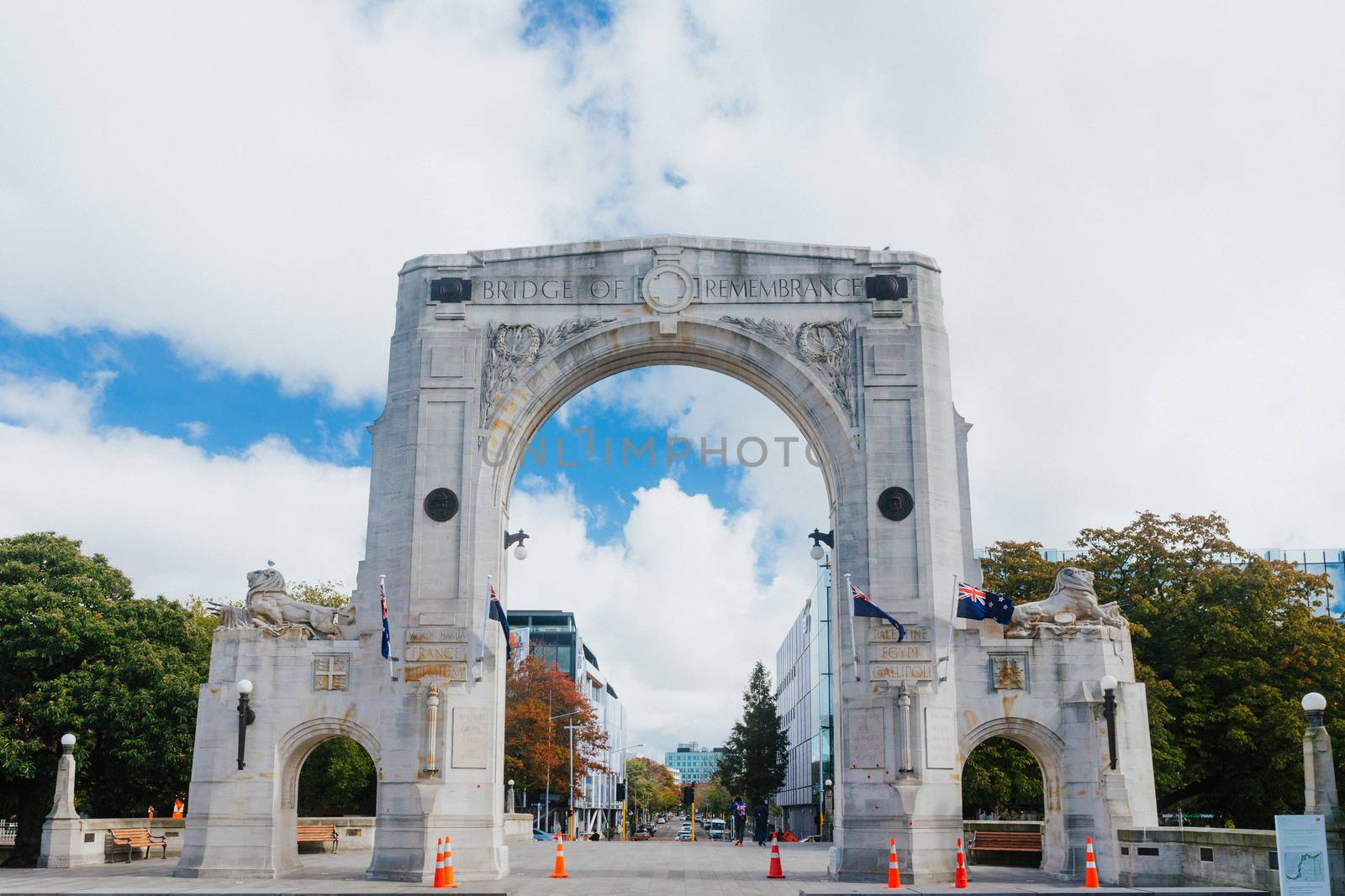 Bridge of Remembrance in the cloudy day. The landmark located in the city centre of Christchurch, New Zealand.