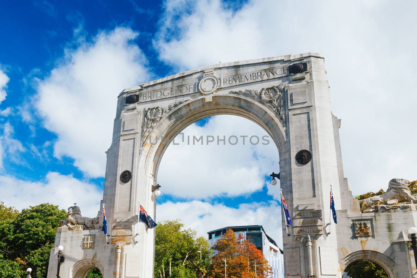 Bridge of Remembrance in the cloudy day. The landmark located in the city centre of Christchurch, New Zealand.