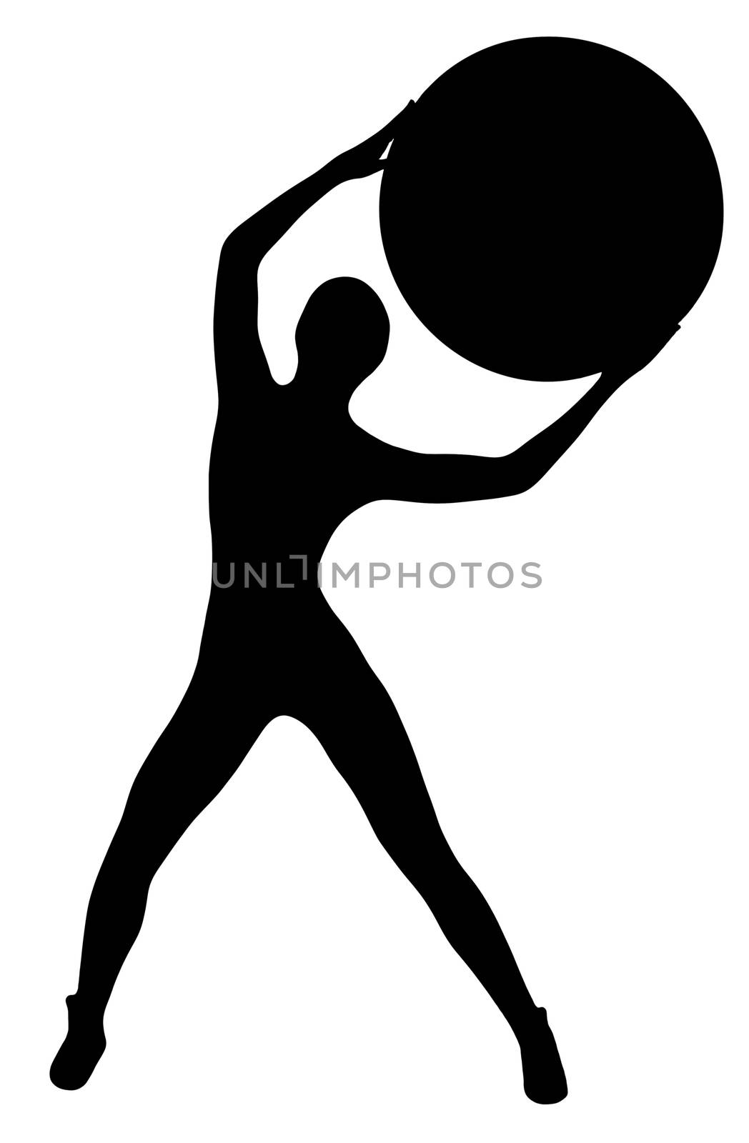 Black silhouette of slim sports woman with big ball, isolated on white