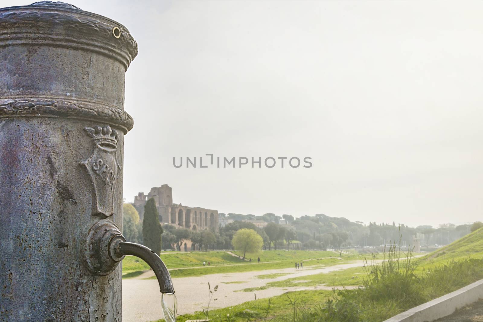 close-up view of a fountain of public drinking water nicknamed Nasone in Rome near the Circus Maximus