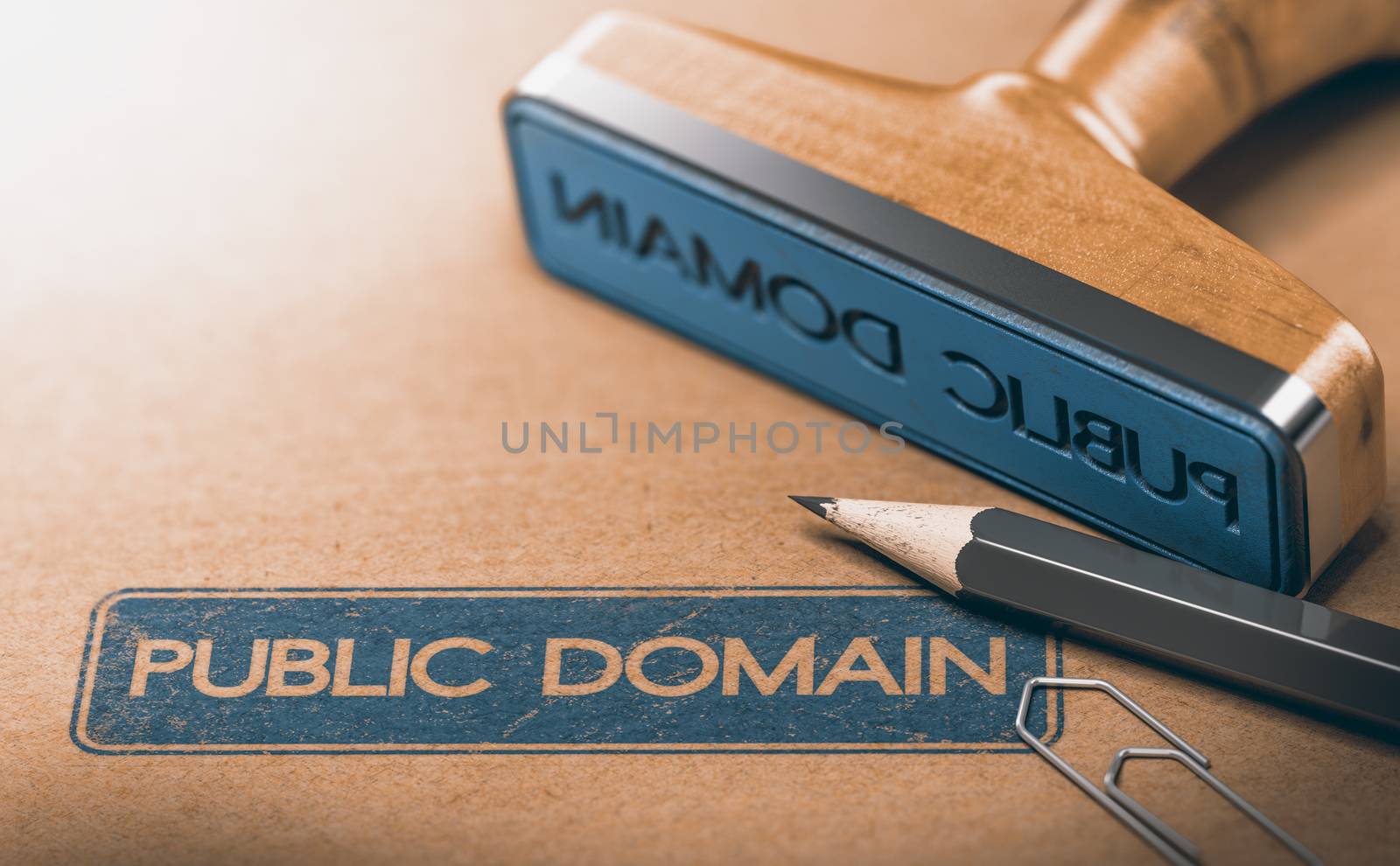 3D illustration of a rubber stamp with the text public domain stamped on paper background