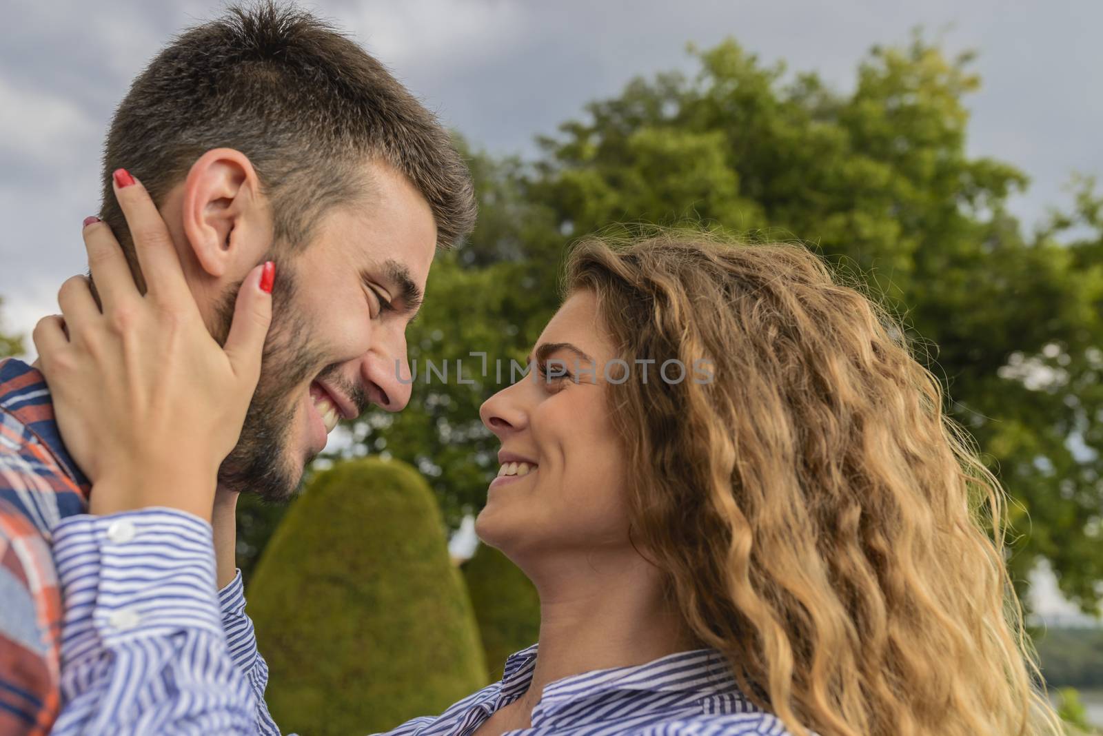 Happy stylish couple in the romantic moment with sweetest emotions. Romantic moment.