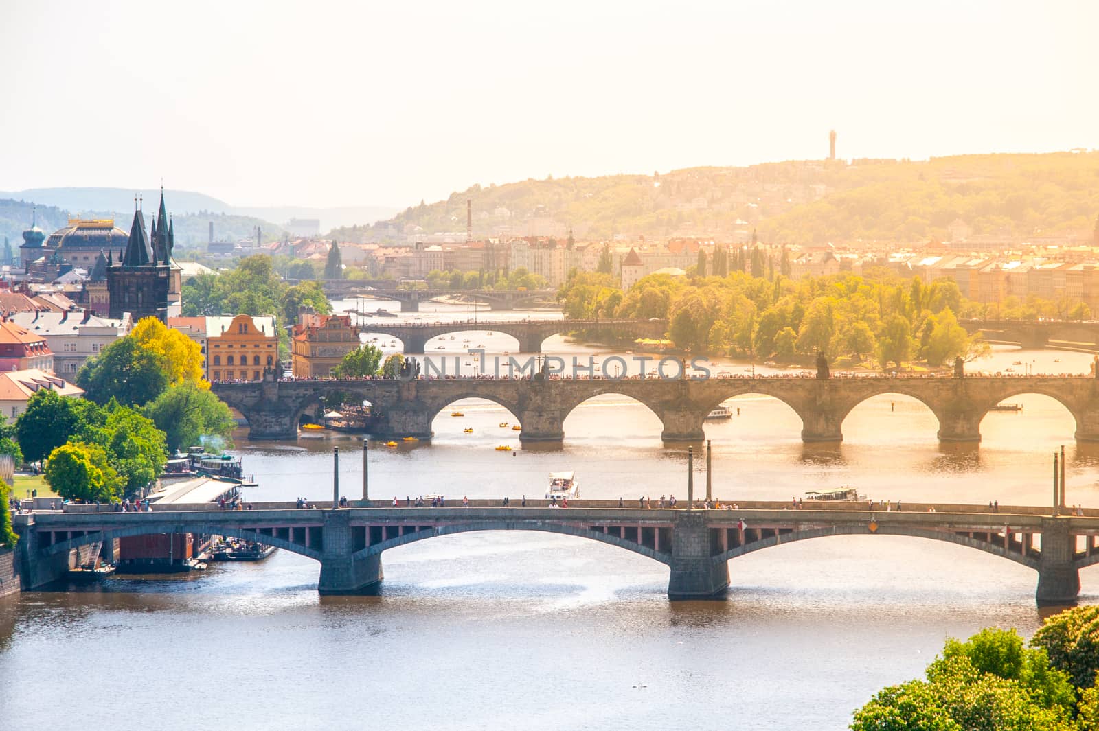 Bridges of Prague over Vltava River on sunny summer day. Scenic view from Letna. Prague, Czech Republic.