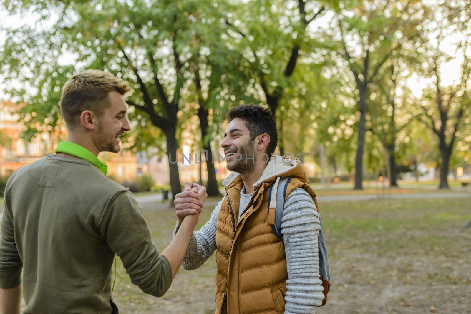 Two handsome youngsters shaking hands after seeing each other after long time