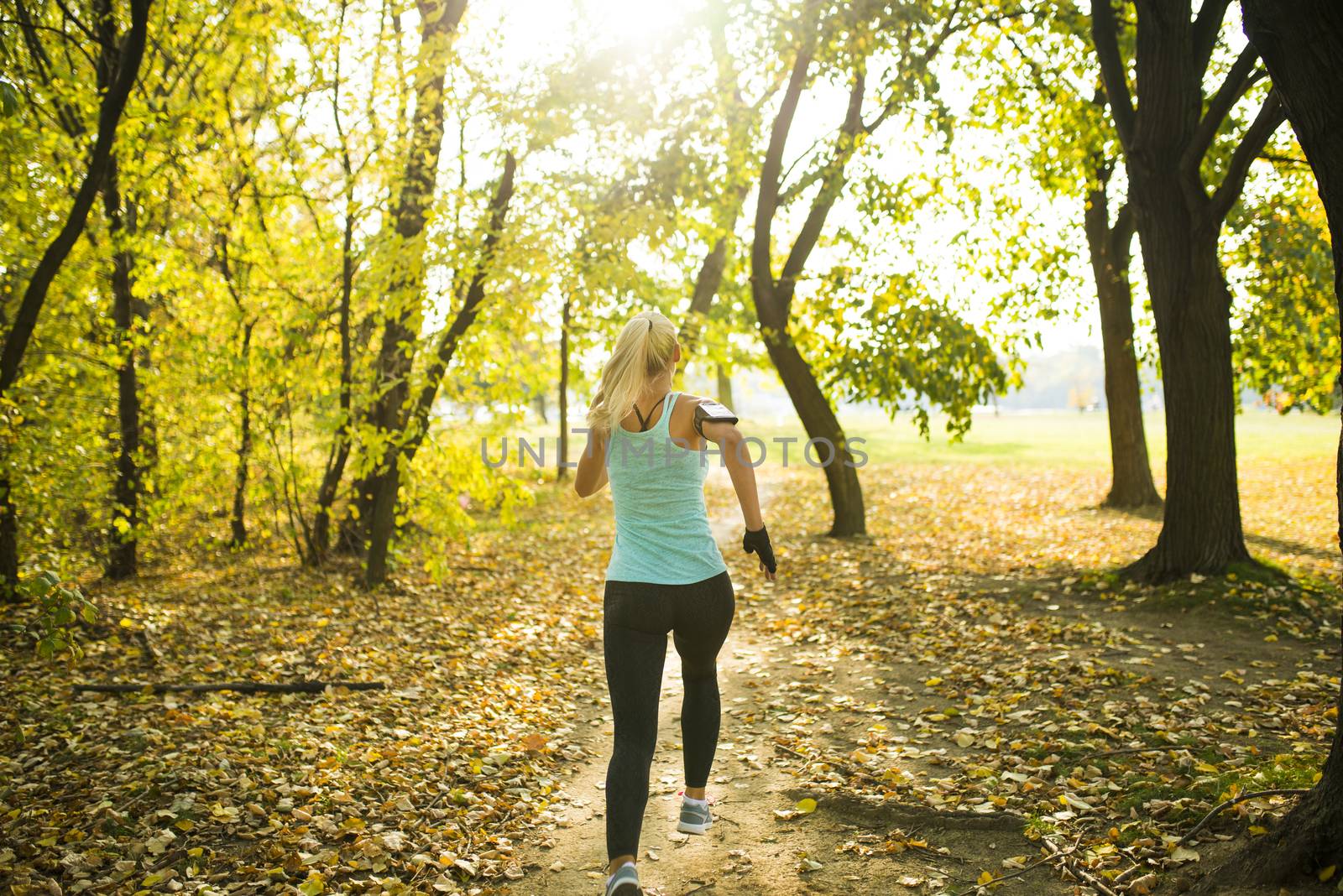 Attractive young sporty woman jogging in the park covered with leaves between the trees. Healthy lifestyle concept.