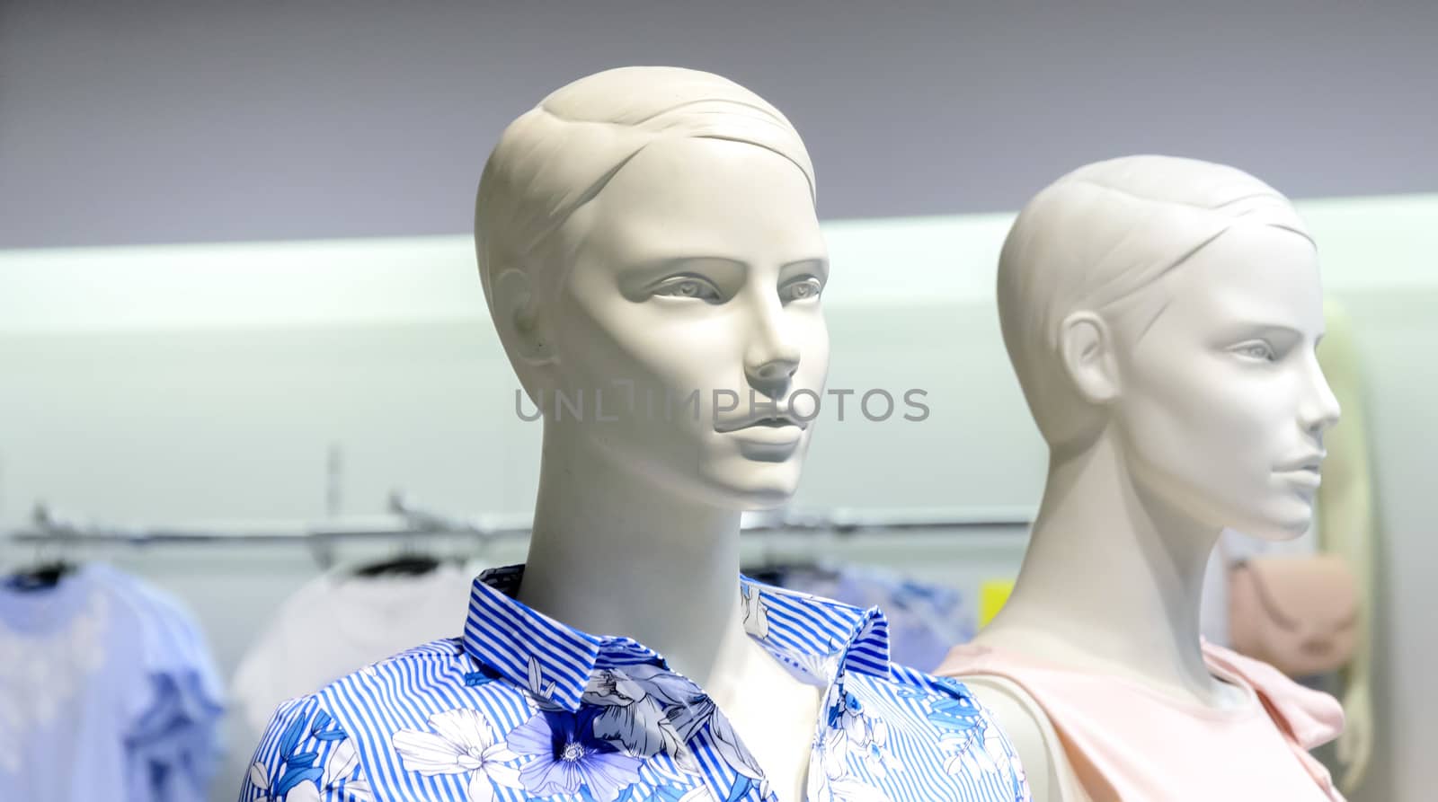 Closeup plastic mannequin heads against blurred shop background. Shallow focus.Man and woman mannequins.