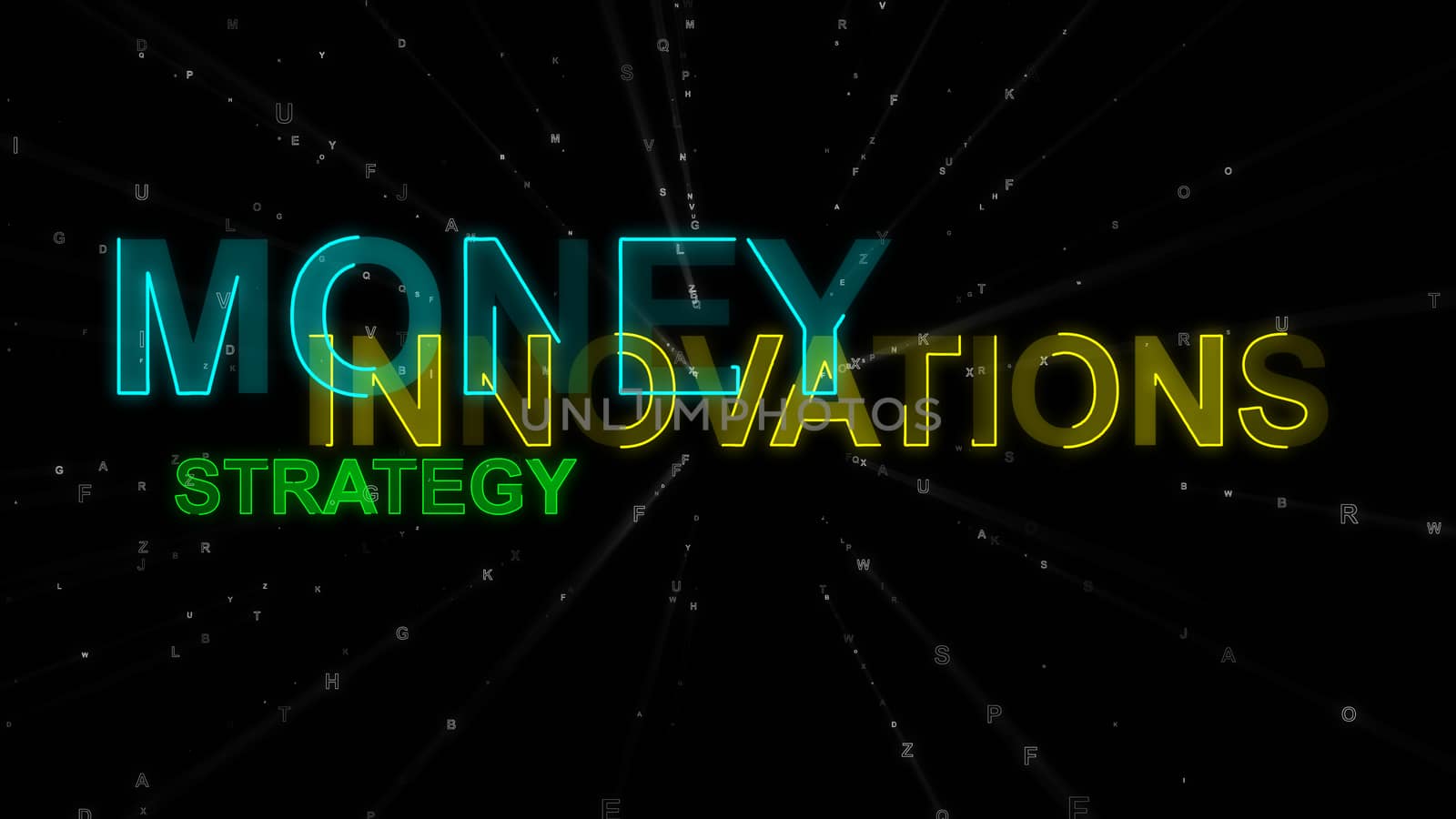 A businesslike 3d rendering of such concept words as innovation, money and strategy. They are blue, yellow and green in the black background. They look inspiring and rousing.