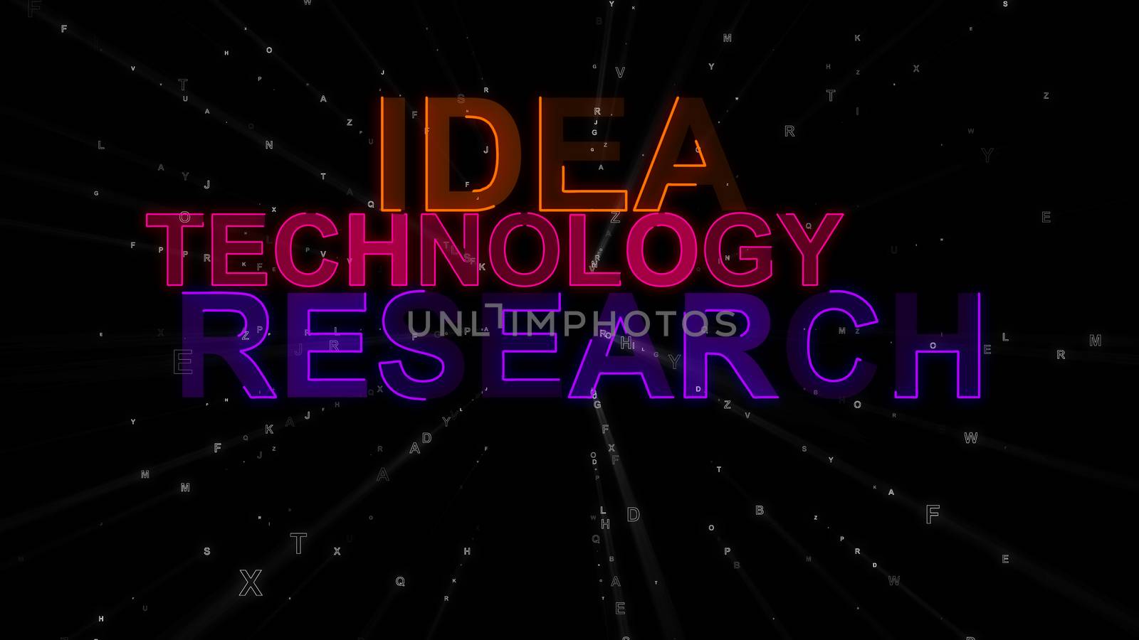 An instructional 3d illustration of such concept words as idea, technology and research. They are orange, purple and violet in the black background. They look really inspirational.