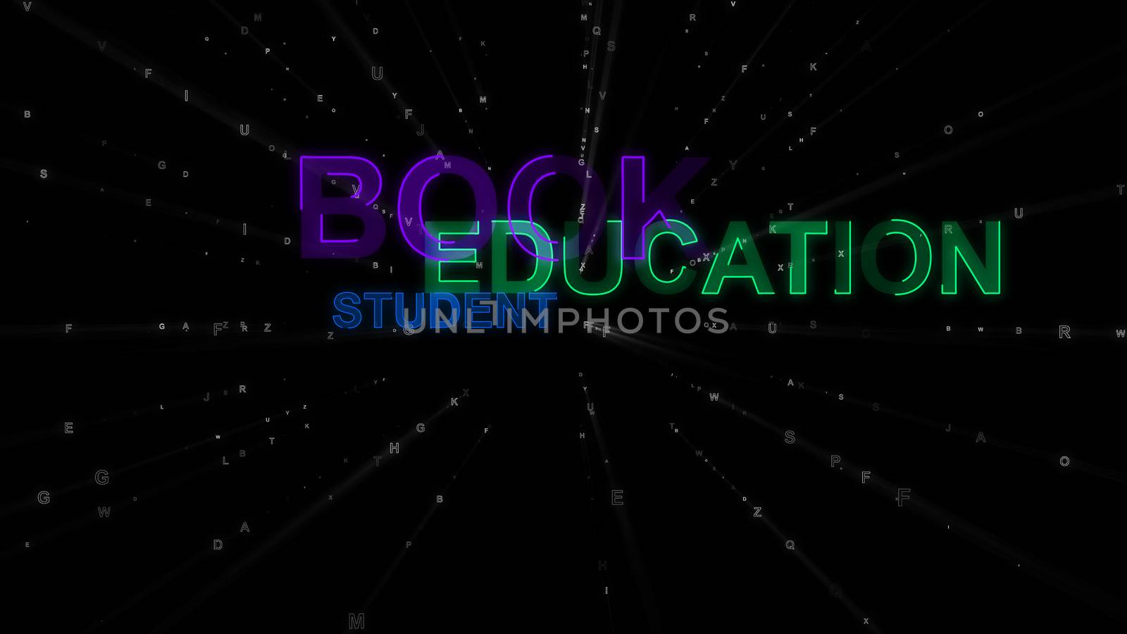 A driving 3d rendering of such concept words as book, education and student. They are green, violet and blue in the spotted black backdrop. They encourage hitting the books.