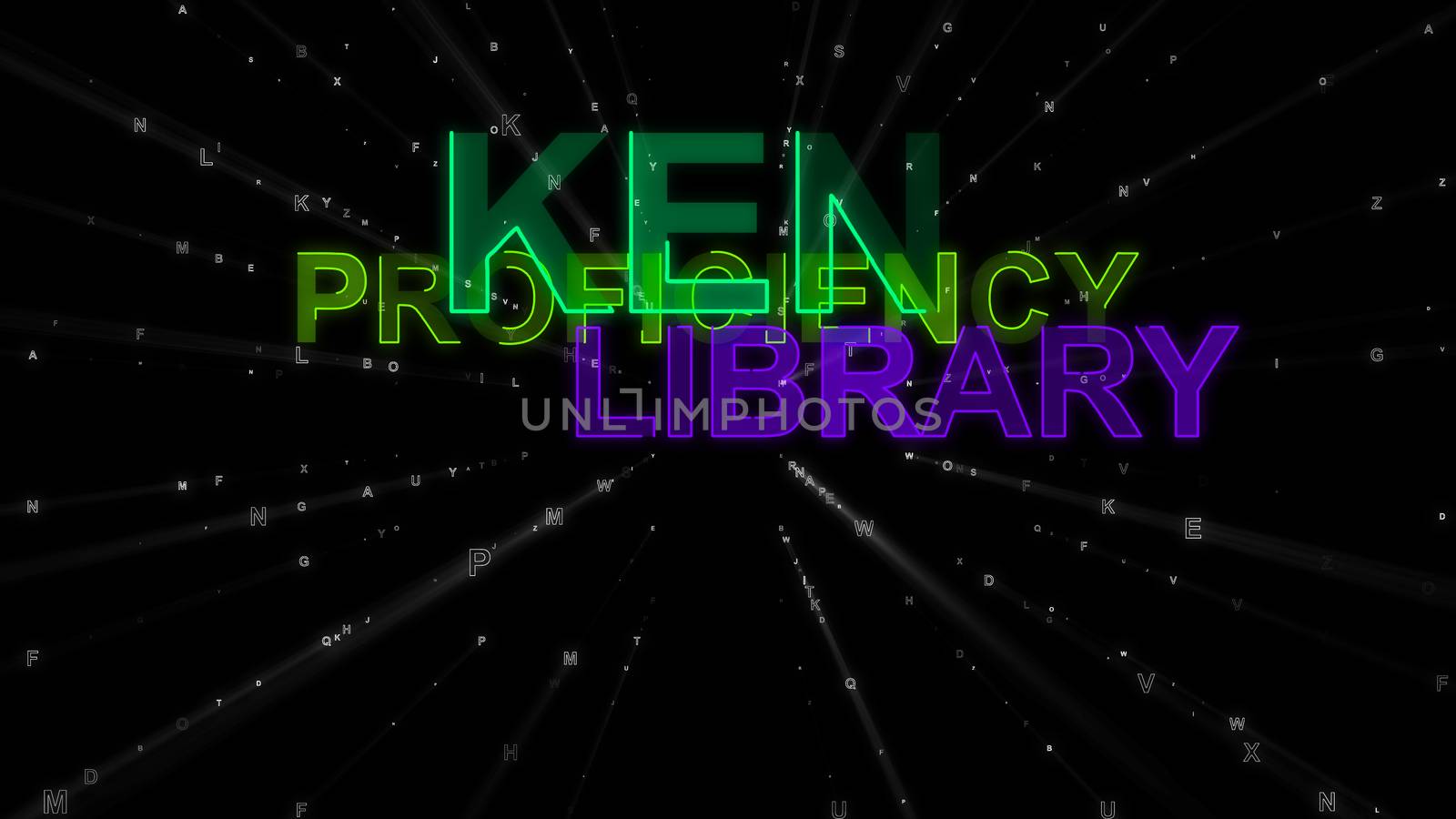 A motivating 3d illustration of such concept words as ken, proficiency and library. They are green, salad and violet in the spotted black backdrop. They inspire to study hard.